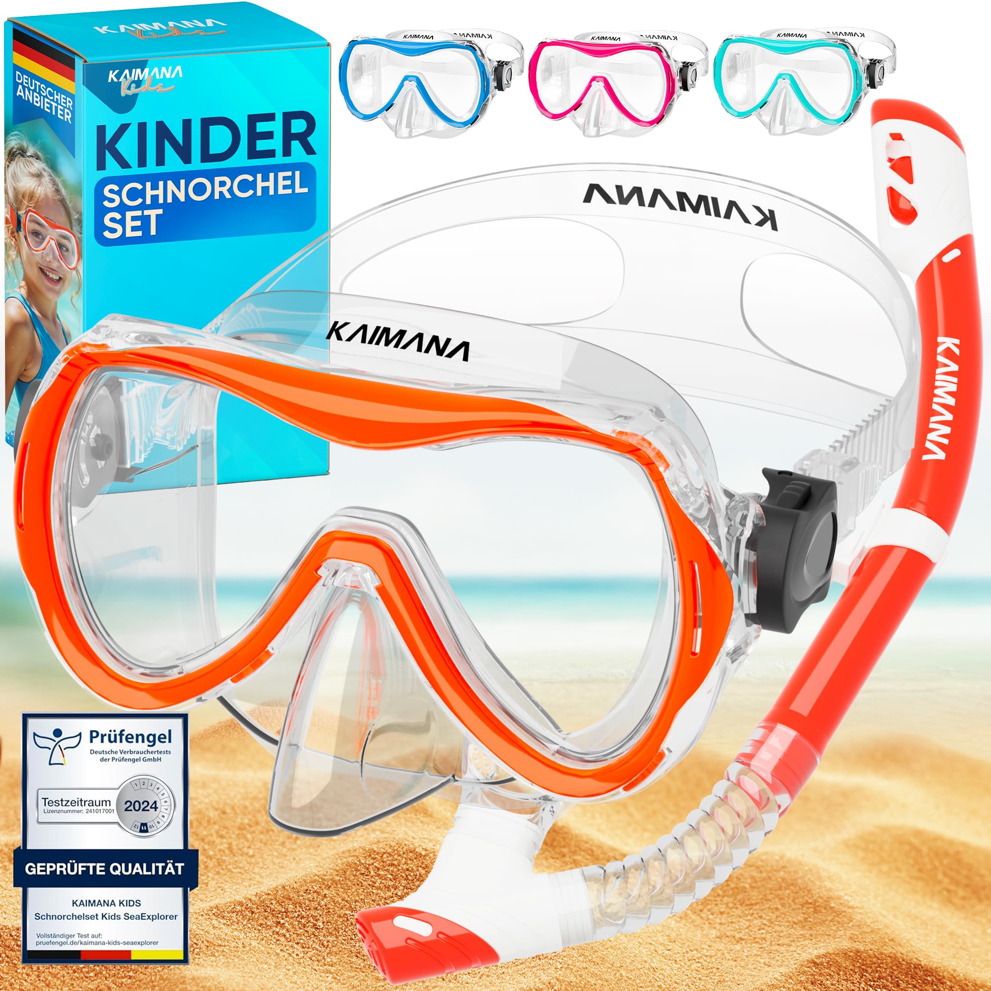 Das Neue KAIMANA® SeaExplorer Schnorchelset Kinder + Tragetasche, Taucherbrille mit Schnorchel, Taucherbrille Kinder, Alternative zur Schnorchelmaske Kinder, Taucherbrille mit Stoffband/Silikonband