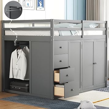 Stylish Wood Full Size Loft Bed with Built-in Wardrobes, Cabinets and Drawers,for Kids Teens Adults Bedroom Use Gray@Wardrobes, Full