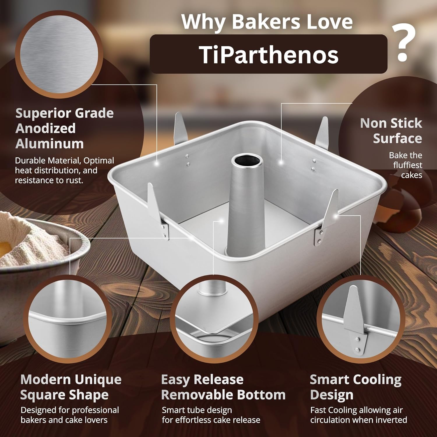 Square Tube Cake Pan, 28-Cup Capacity for 18-Cup Recipes, 10-Inch Anodized Aluminum Angel Food, Chiffon & Pound Cake Pan with Removable Bottom and Cooling Feet - Image 3