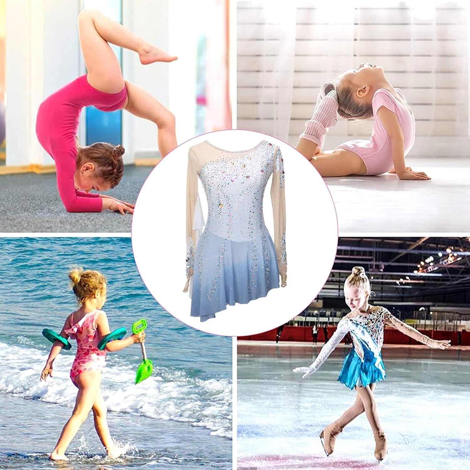 Figure Skating Dress Mesh Skirt Girls Round Neck Long Sleeve Gradient Breathable Competition Performance