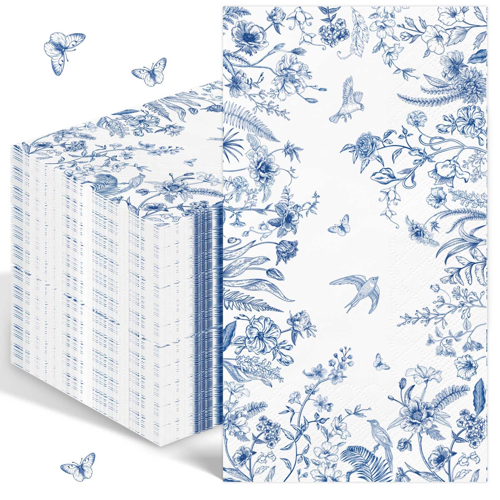 100 servilletas de papel desechables con diseño floral azul para baño, 3 capas, servilletas de papel decorativas azules y blancas, servilletas vintage de pájaros, servilletas de invitados para