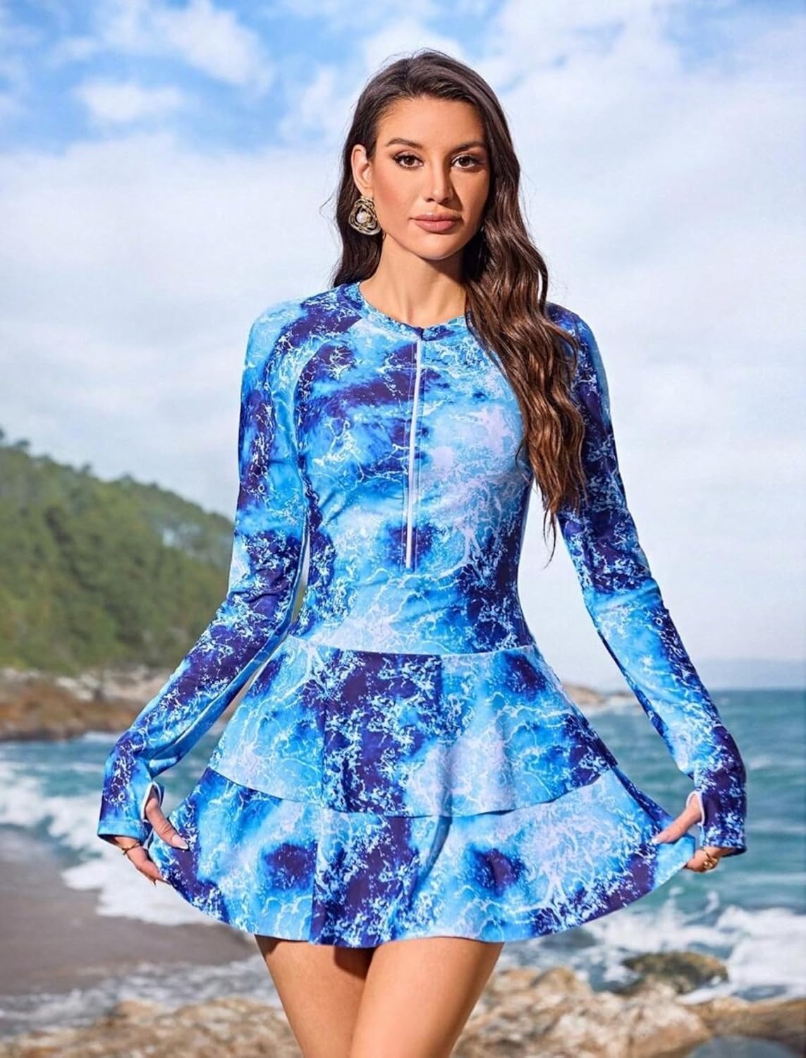 ZAFUL Women's One Piece Rash Guard Long Sleeve Modest Swimsuits Dress Zipper Bathing Suit Swimskirt - Image 5