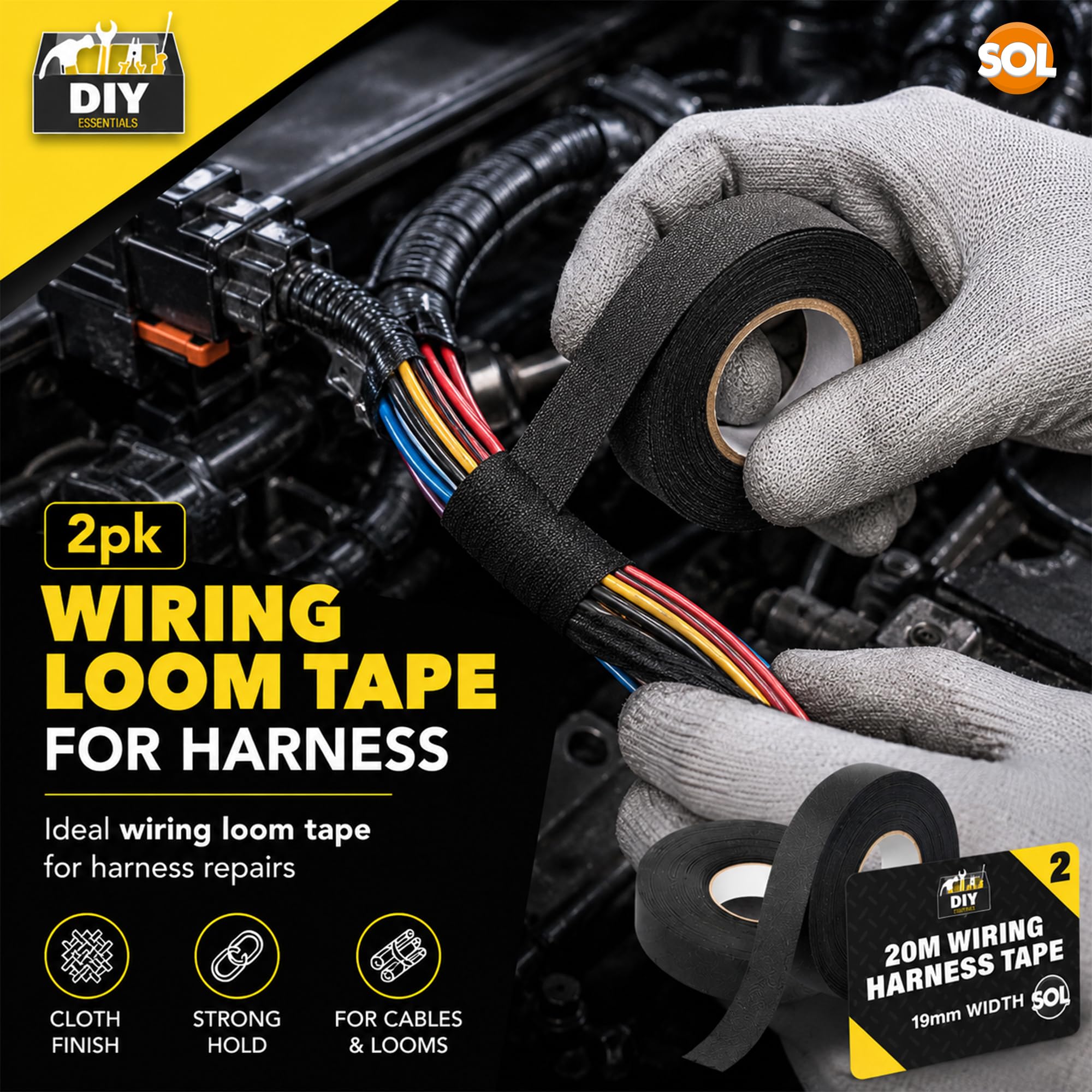 SOL 2 cintas de arnés de cableado de 20 m, fieltro negro para coches, motocicletas, duradera y flexible, resistente al calor, ideal para gestión de cables eléctricos automotrices
