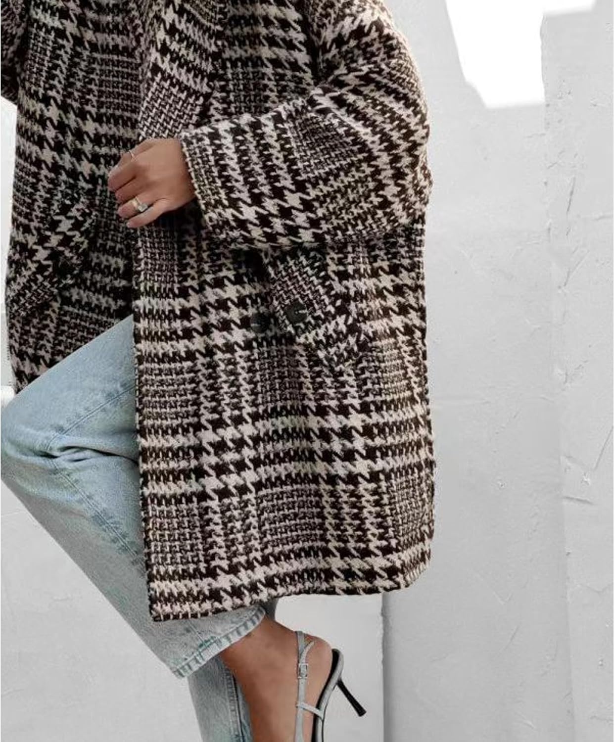 Sexyshine Women's Winter Double Breasted Houndstooth Coat Notch Lapel Plaid Wool Blend Pea Coat Mid Long Outwear Jacket - Image 6