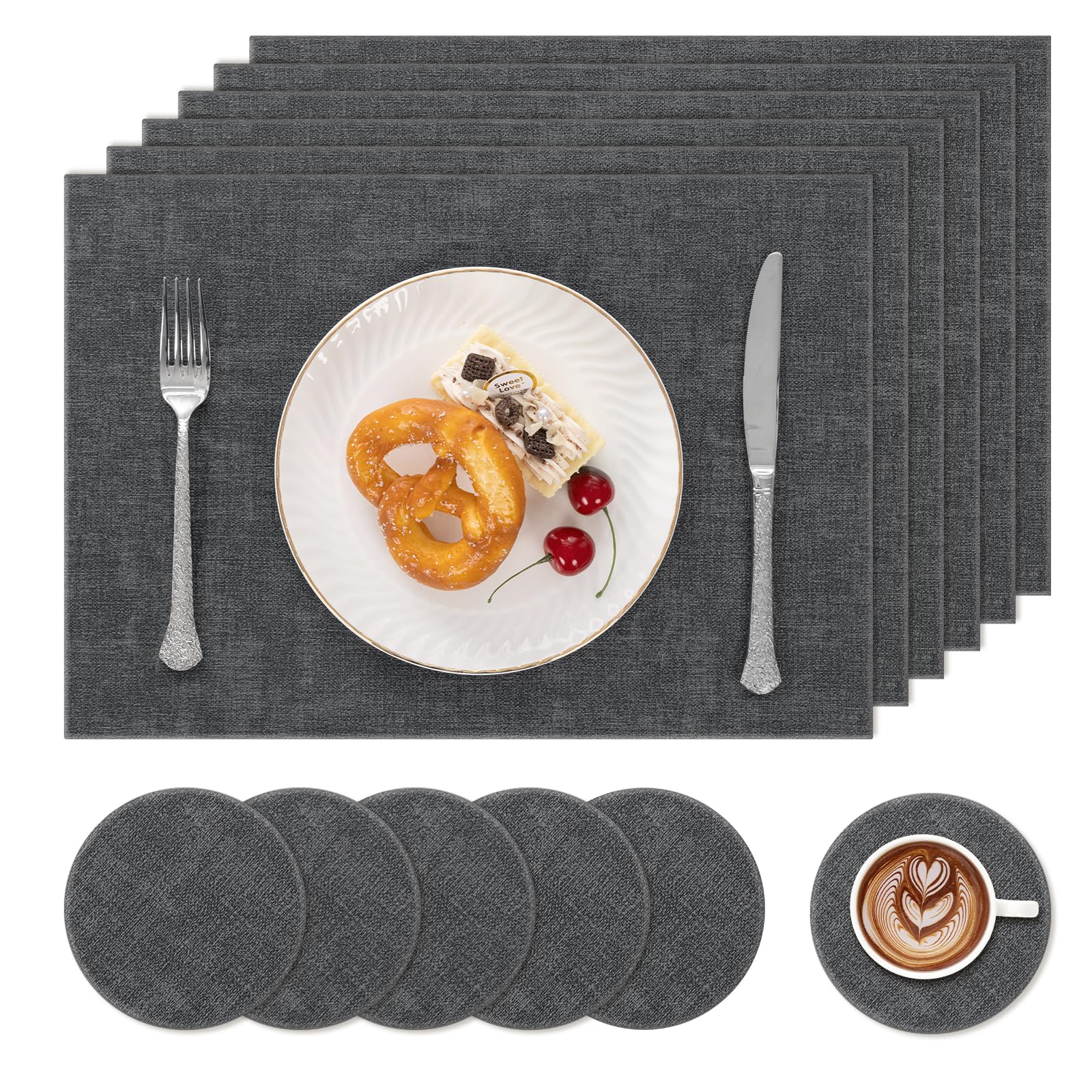 Enyhom Leather Placemats and Coaster Sets 6, Dining Table Mats, Dark Grey