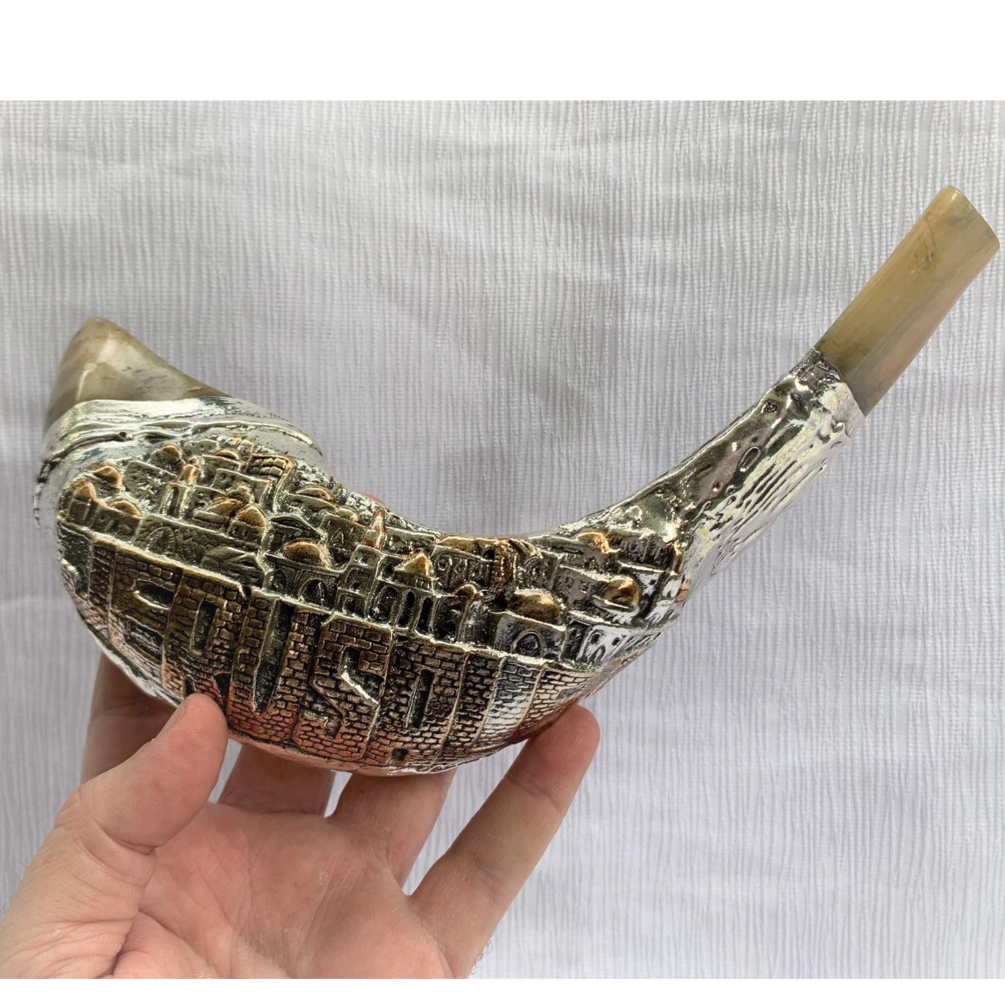 Jerusalén Old City chapado en plata cuerno de carnero shofar de 35,5 a 40,6 cm kosher Free Stand