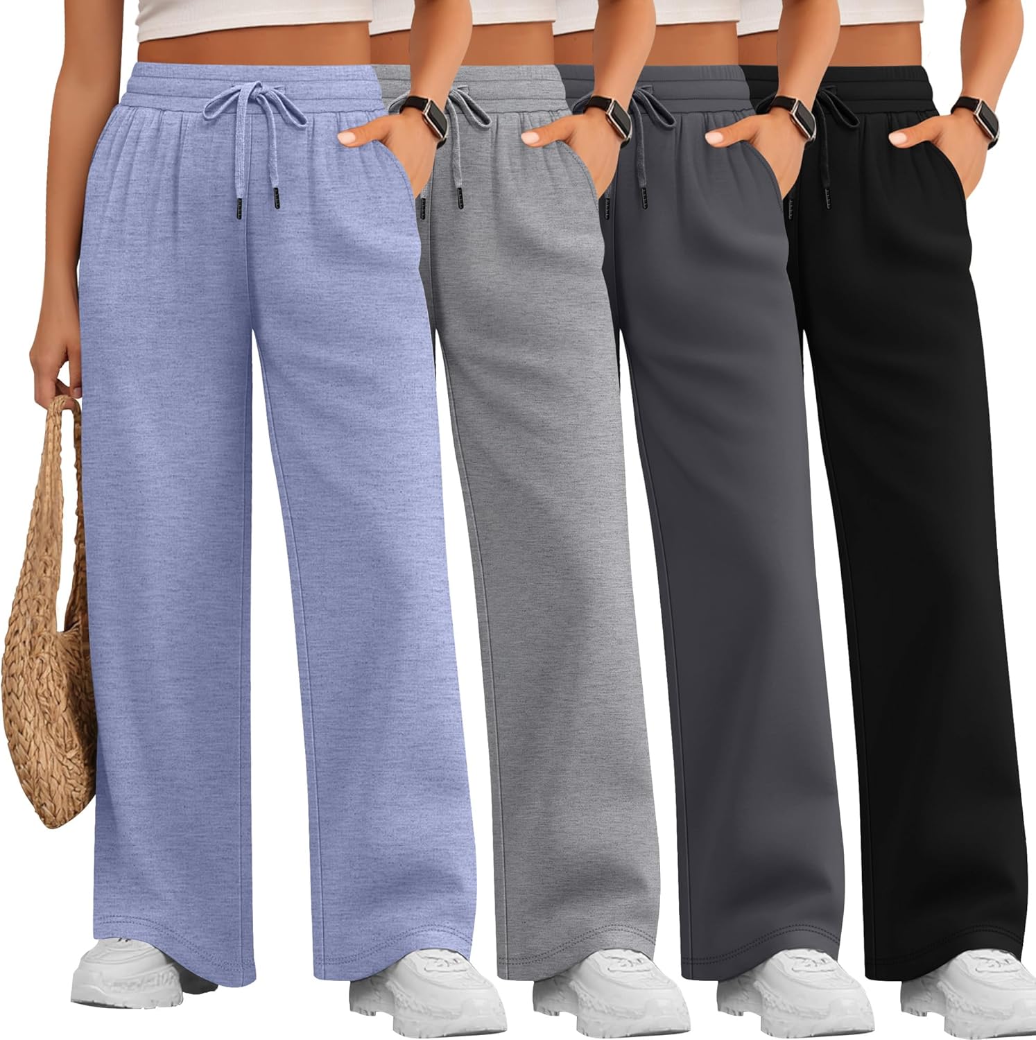 4 Pack Women's Plus Size Lounge Pants, Wide Leg Drawstring Yoga Pants Loose Casual Pajama Sweatpants with Pockets