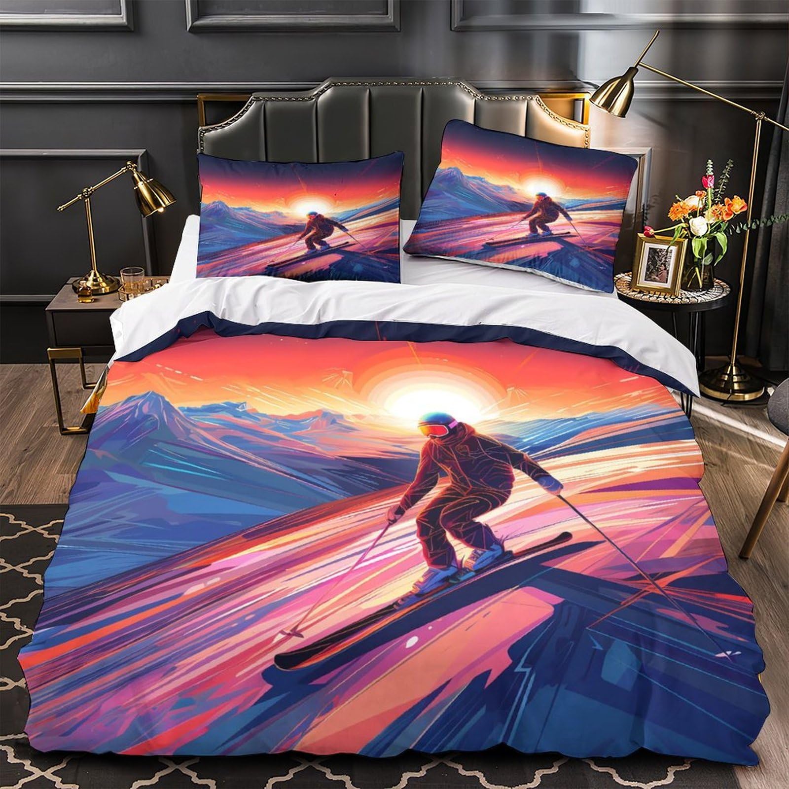 Housse de couette imprimé 3D station de ski parure de lit double 200x200 légère