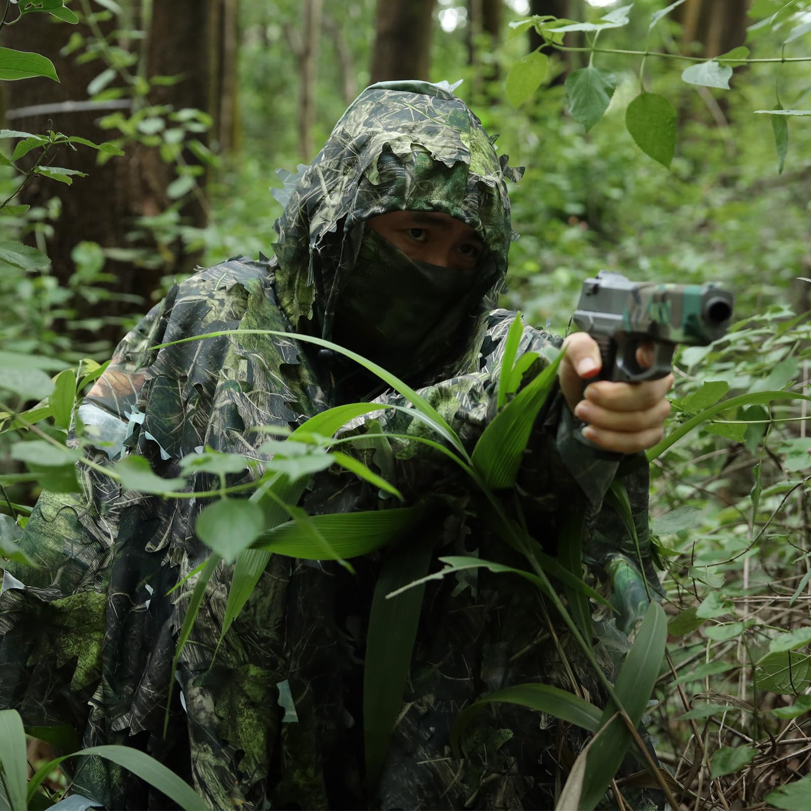 PELLOR 3D-Blätter Ghillie Suit Tarnanzug Ghillie Umhang Schnelltrocknend, Tarnkleidung für Jagd Camping Outdoor Militär Jagd Verdeckt CS Tierfotografie Festschmuck