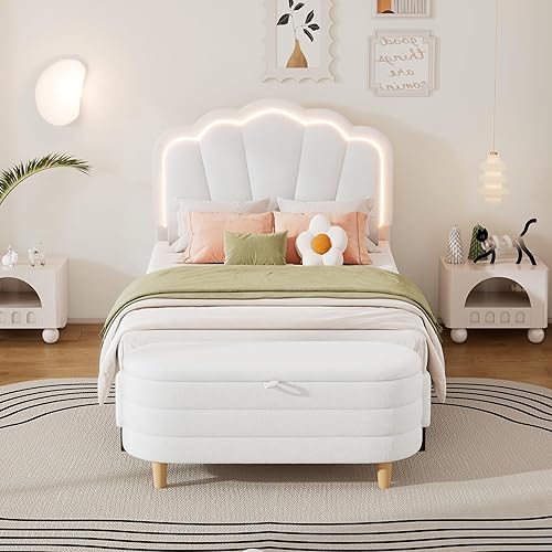 SOFTSEA Twin Size Bedroom Set, Twin Size Upholstered Platform Bed with LED Light and Storage Ottoman, 2 Pieces Bedroom Furniture Set, 2 Piece White Bedroom Furniture Set