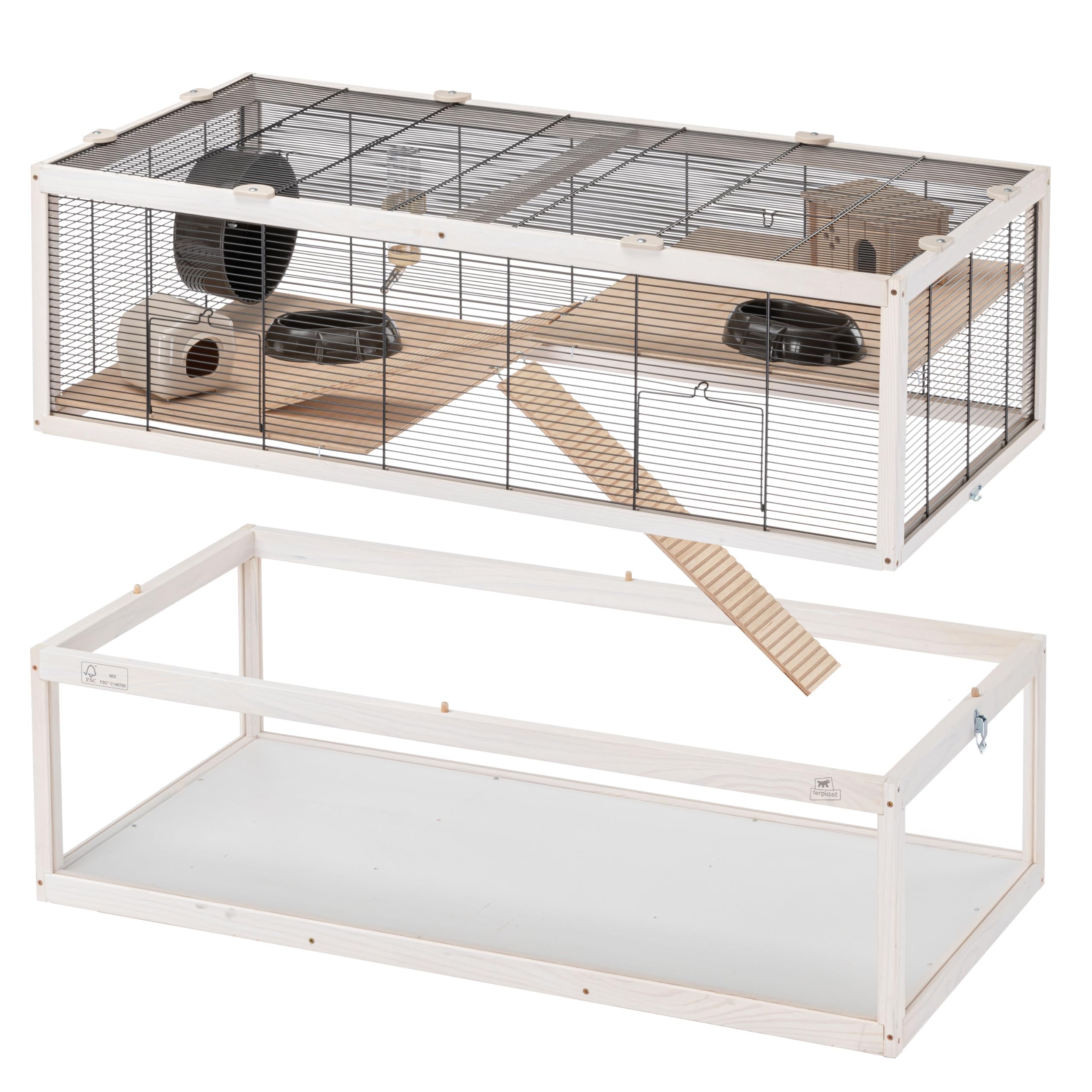 Ferplast Jaula Hámster DOMSTER, Jaula para Ratones, 3 Niveles, con Accesorios, Plataformas y Escaleras, Malla metálica y Madera FSC, Base Transparente, Jaula para Hámster de Madera 100 x 50 x h 61 cm