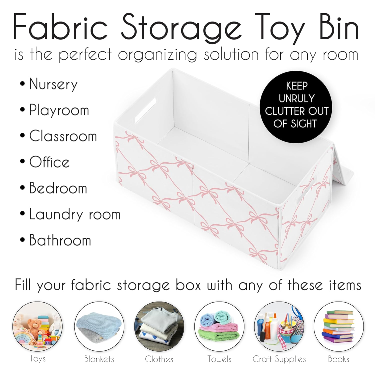 Sweet Jojo Designs Toy Storage Organizer (Pink Bows) for Girls, Toybox Basket with Lid for Baby Nursery, Kids Play Room Essentials (Blush Bow for the Ballerina, Ballet Dancer, Princess Collection)
