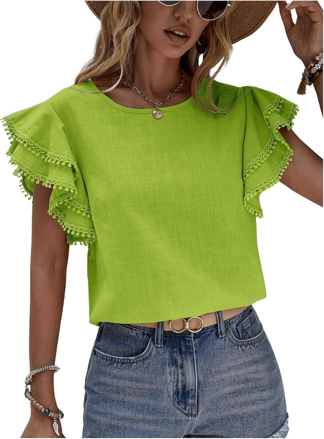 Floerns Women's Solid Butterfly Cap Sleeve Crewneck Contrast Lace Blouse Top - Image 5