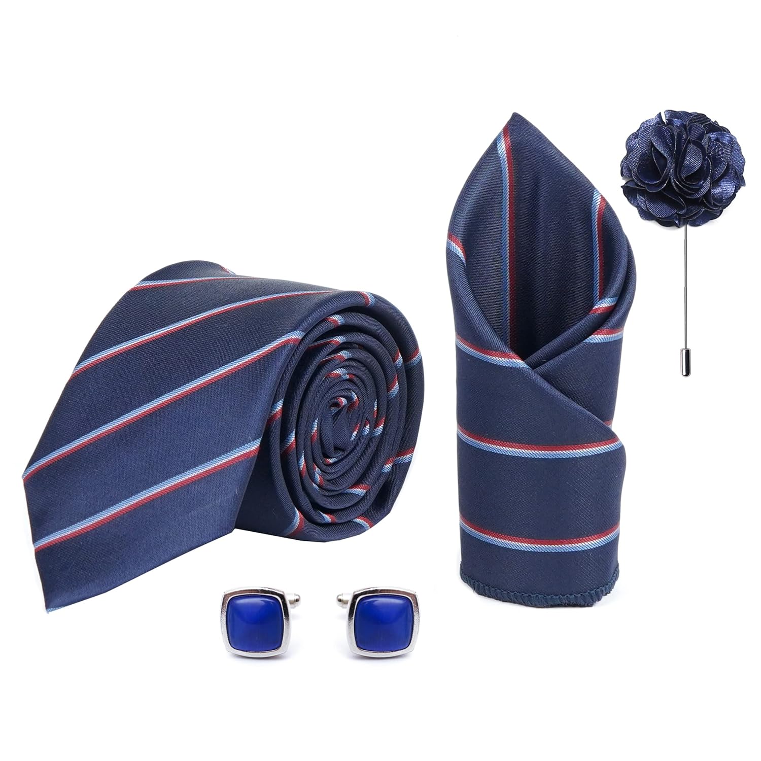 Axlon Mens Plaid Micro Self Silk Necktie Gift Set With Pocket Square Cufflinks & Brooch Pin Tie for Men Formal Tie Set with Box (Pack of 4) (Blue, 2022AX_4)