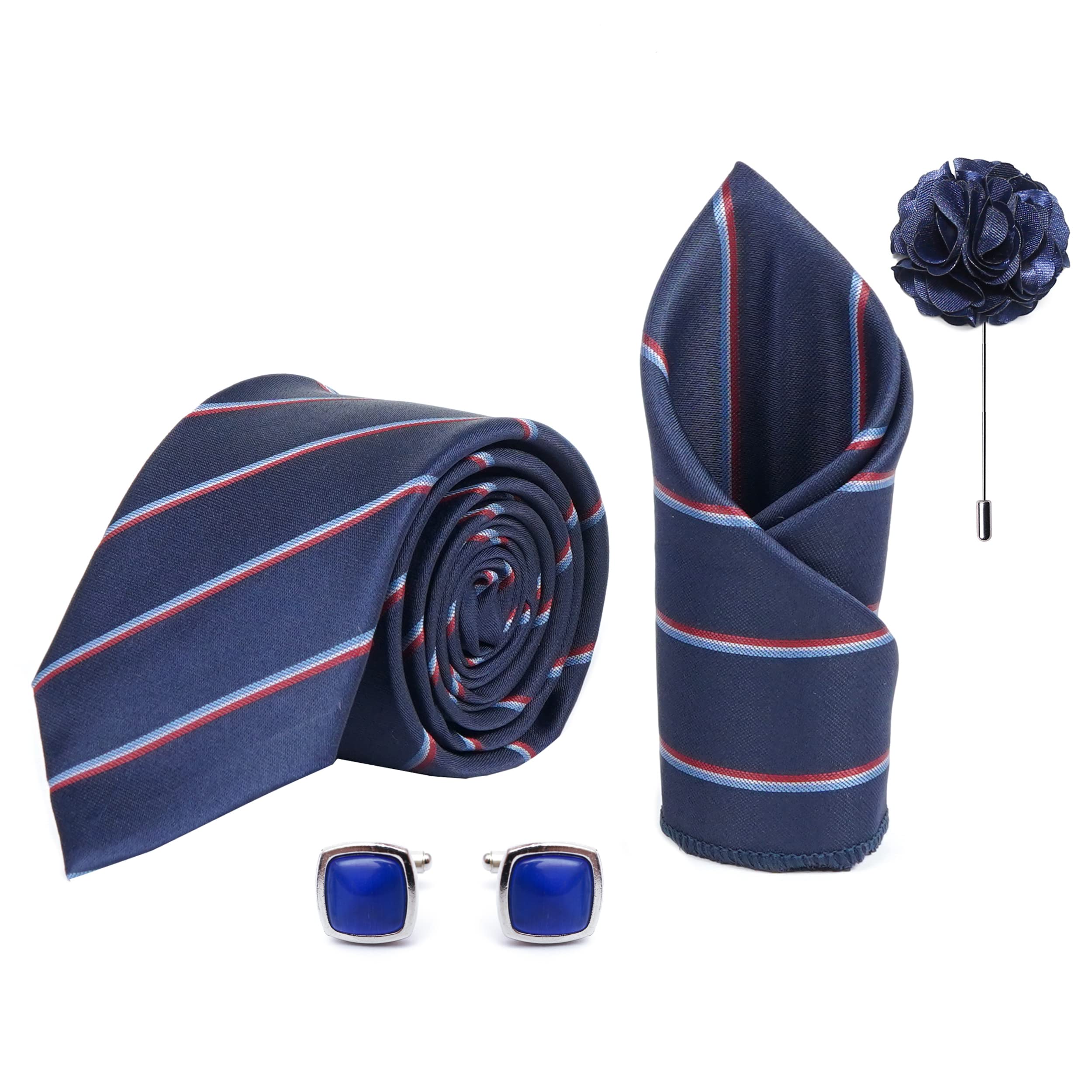 Mens Plaid Micro Self Silk Necktie Gift Set With Pocket Square Cufflinks & Brooch Pin Tie for Men Formal Tie Set with Box (Pack of 4) (Blue, 2022AX_4)