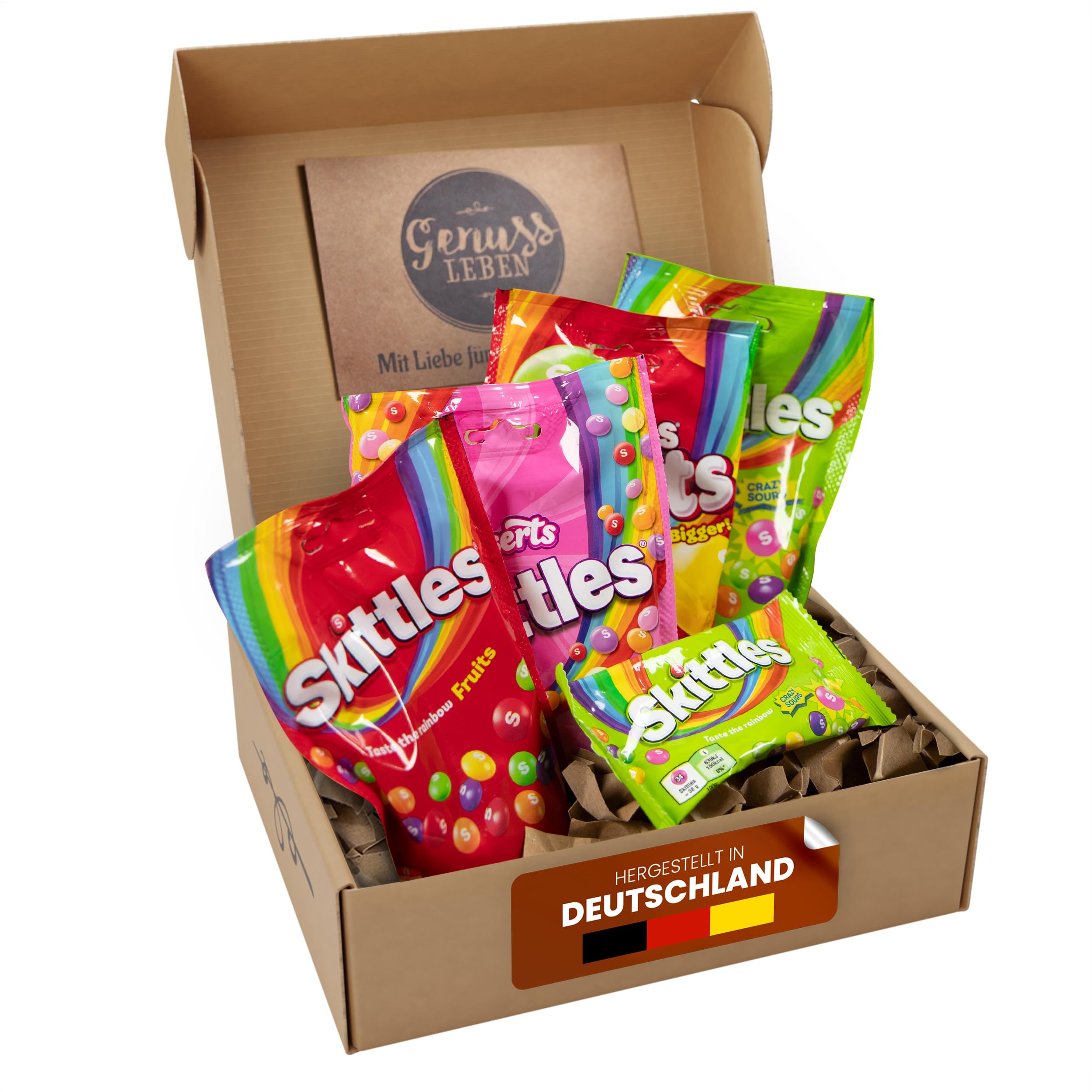 Genussleben Box mit 600g Skittles zum Naschen und Teilen für Familie, Freunde und Genießer. Kaubonbons Dragees als Geschenk oder Süße Auszeit