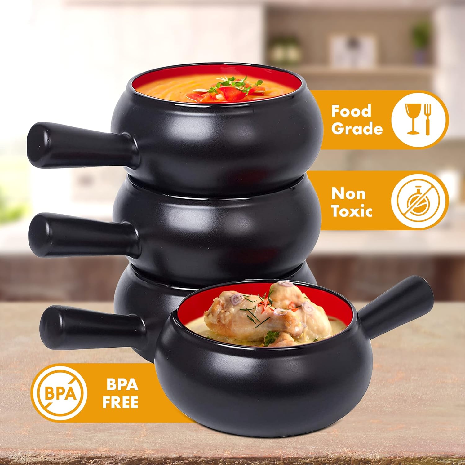  | Bruntmor Set of 4 French Onion Soup Bowls with Handle - 17oz Porcelain Crock Serving Bowls for Cereal, Soup, Rice, Chili, Beef Stew, Oatmeal - Dishwasher and Oven Safe Bakeware, (BLACK/RED): Soup Bowls