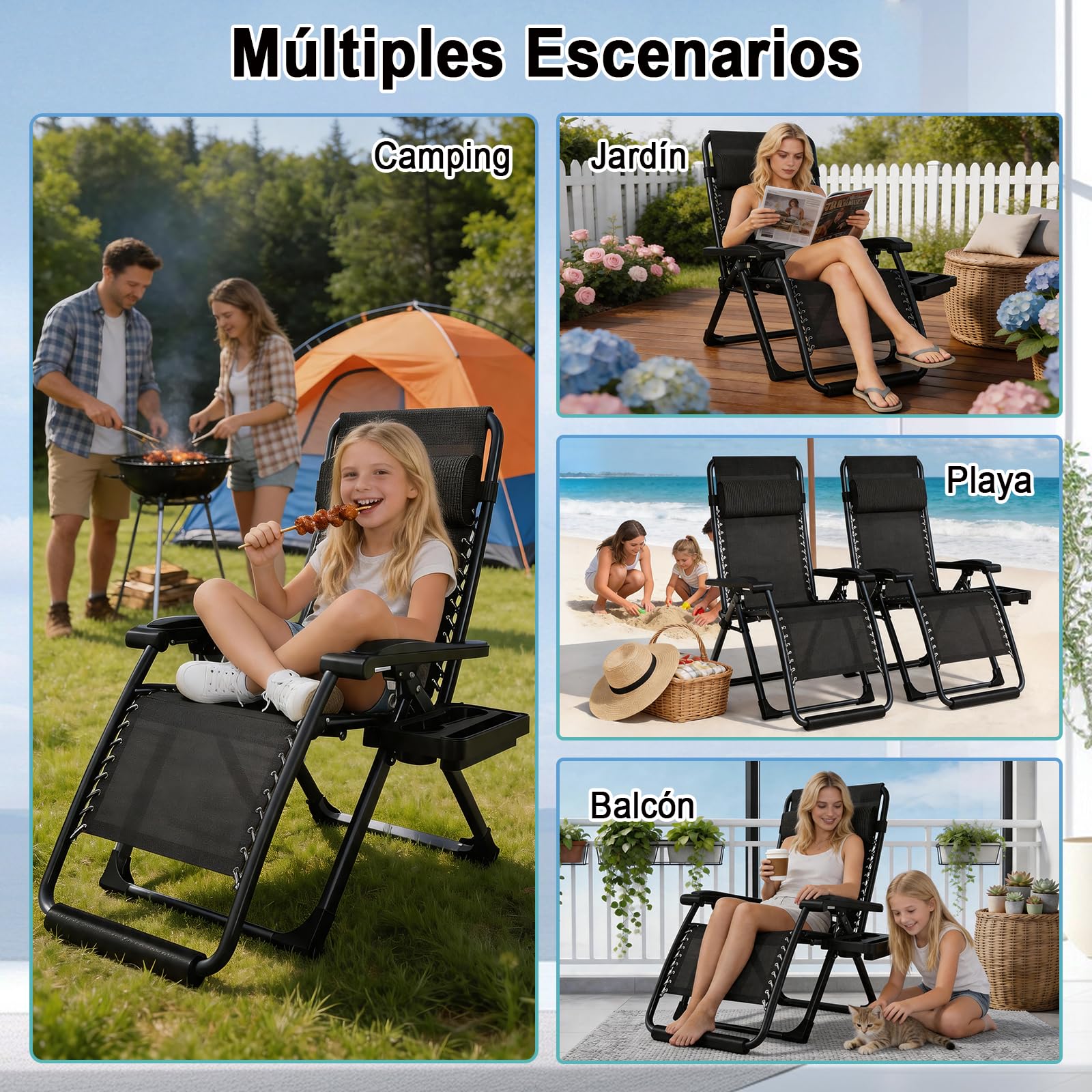Tumbona Plegable Jardin Acolchada, Tumbonas Jardin Exterior Ajustable con Portavasos y Reposacabezas, Silla de Gravedad Cero Soporta 200 kg para Balcón Terraza (Negro, Extra Ancha 77 cm)
