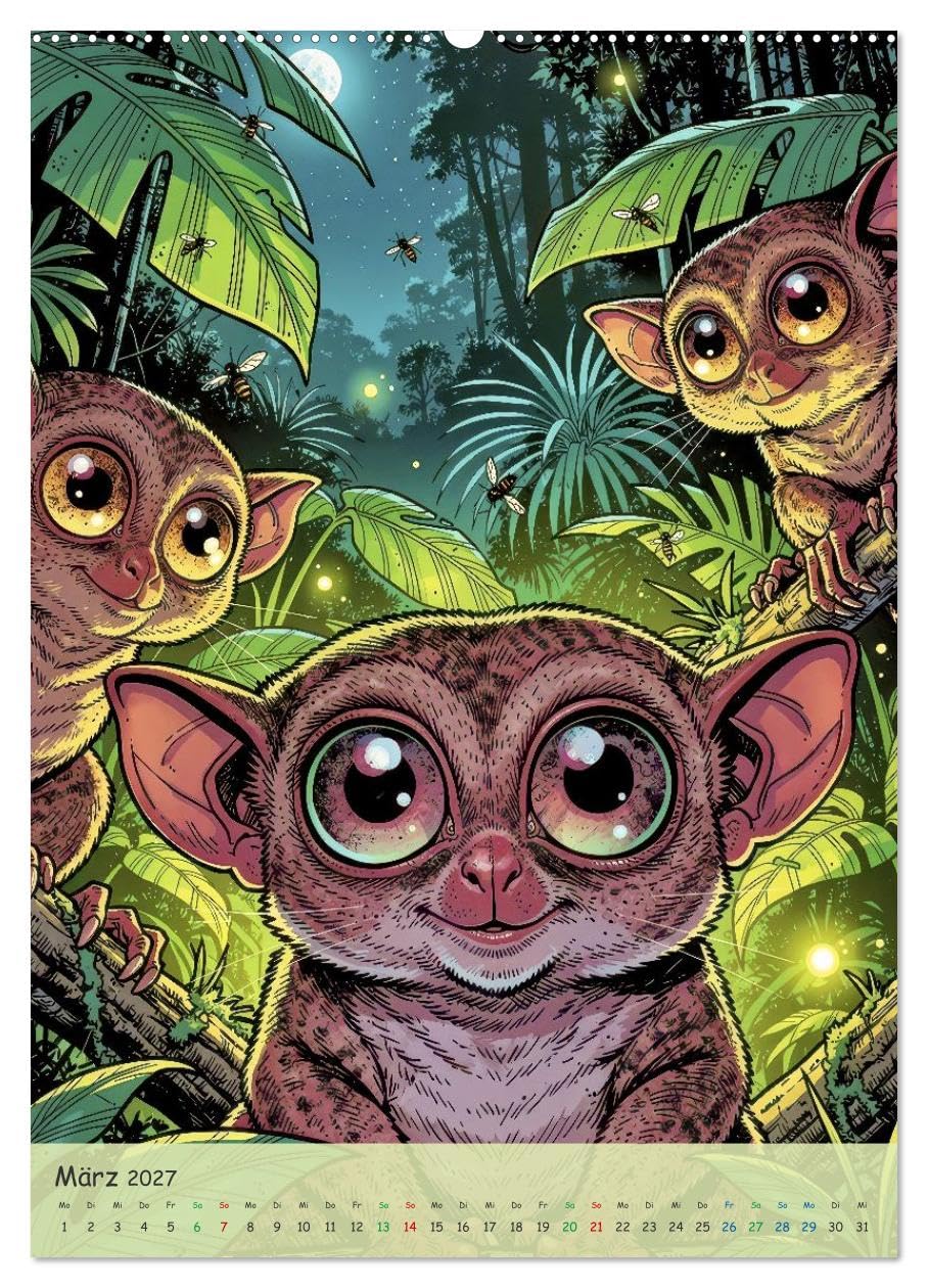Lustige Koboldmakis - Comic (hochwertiger Premium Wandkalender 2027 DIN A2 hoch), Kunstdruck in Hochglanz: Winzige Wirbelwinde mit Riesenaugen, klein, ... Lacher auf den ersten Blick. (CALVENDO Spass)