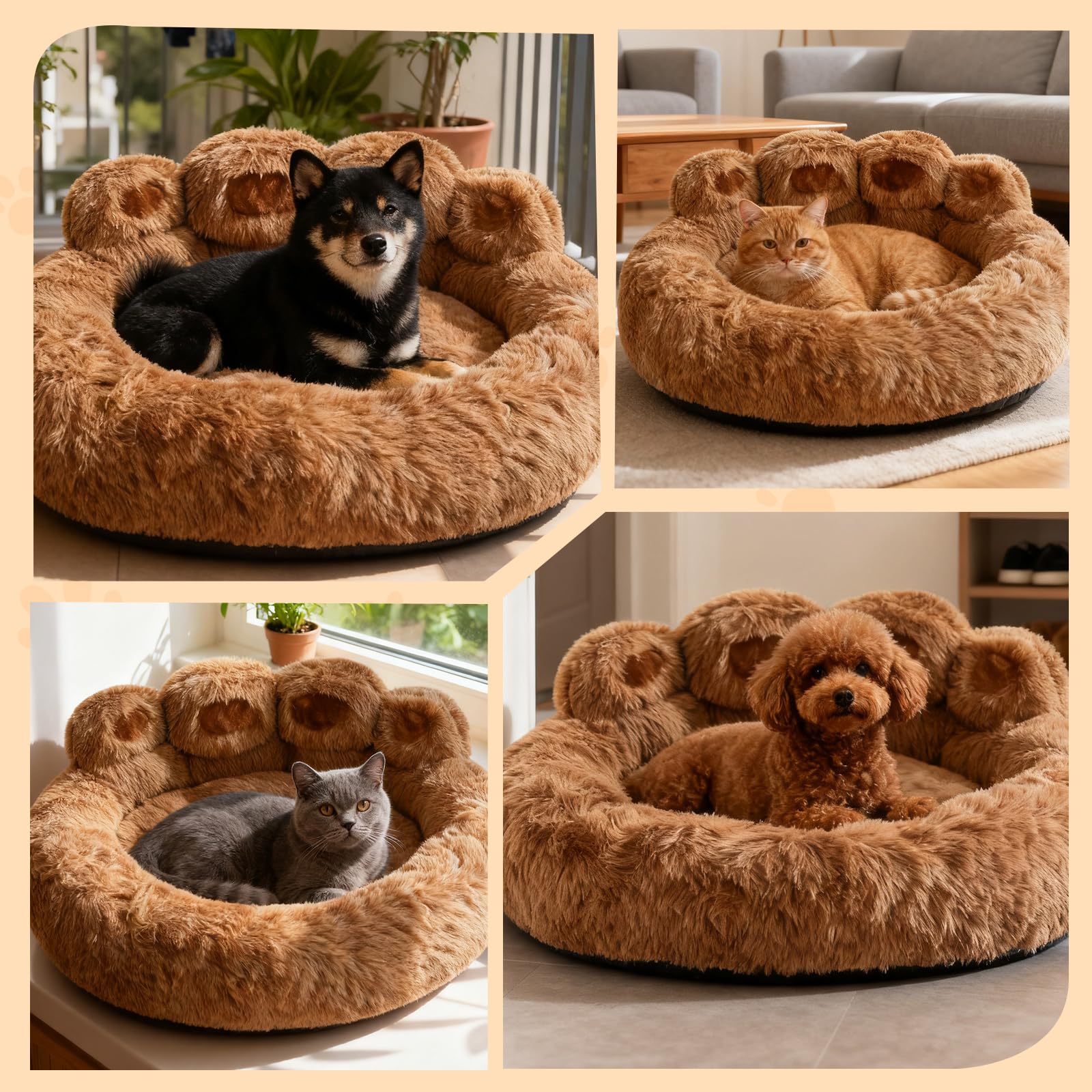 PETCUTE Letto per Gatti e Cani,Cuccia Cane Interno, Divano per Cani Lavabile,Simpatico Orso a Forma di Zampa,Morbida Lettino per Animali Domestici con Fondo Antiscivolo,Caffè,3XL