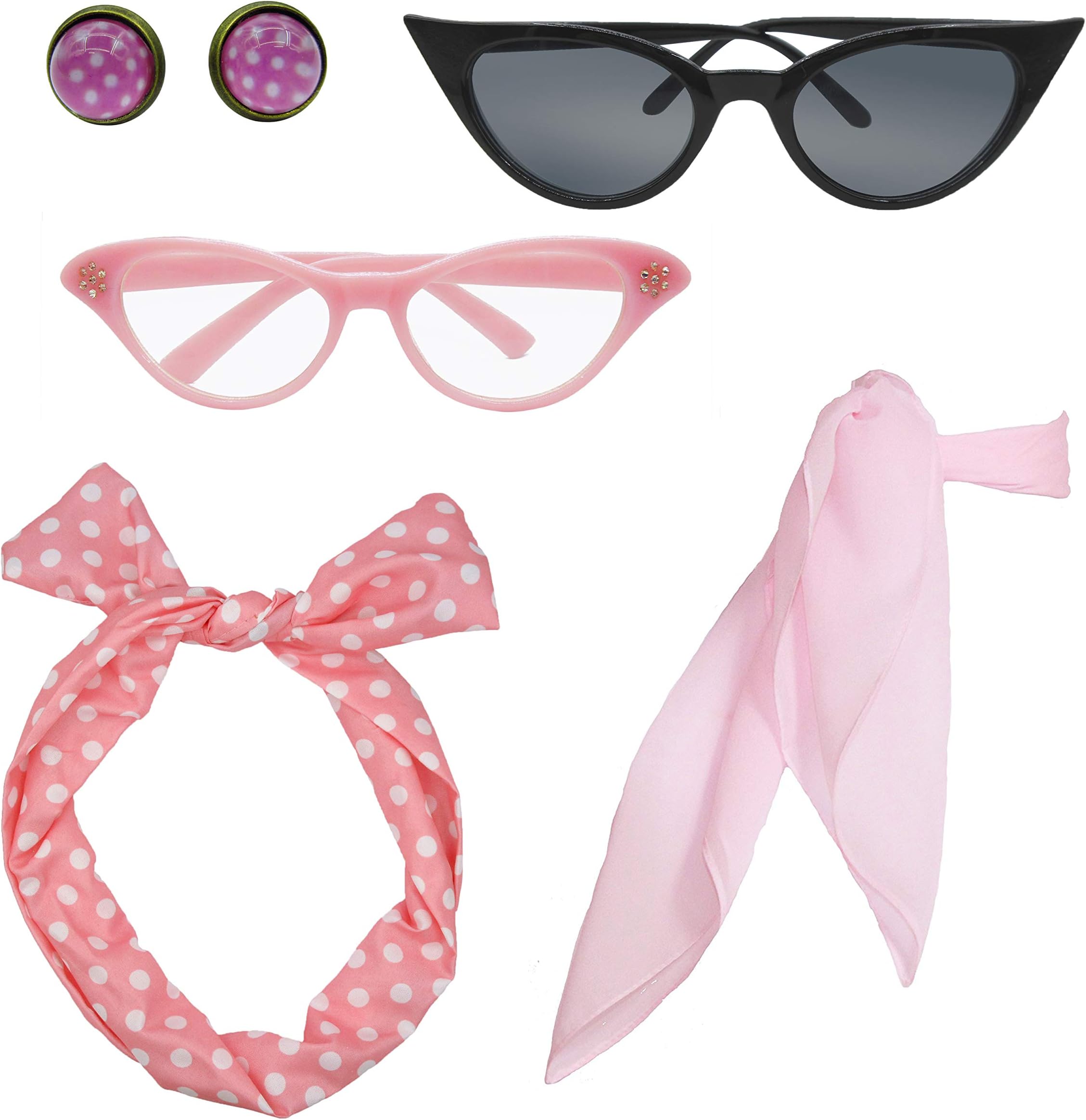 Retro 1950s Polka Dot Style Scarf Glasses Headband and Earrings Costume Accessories Set