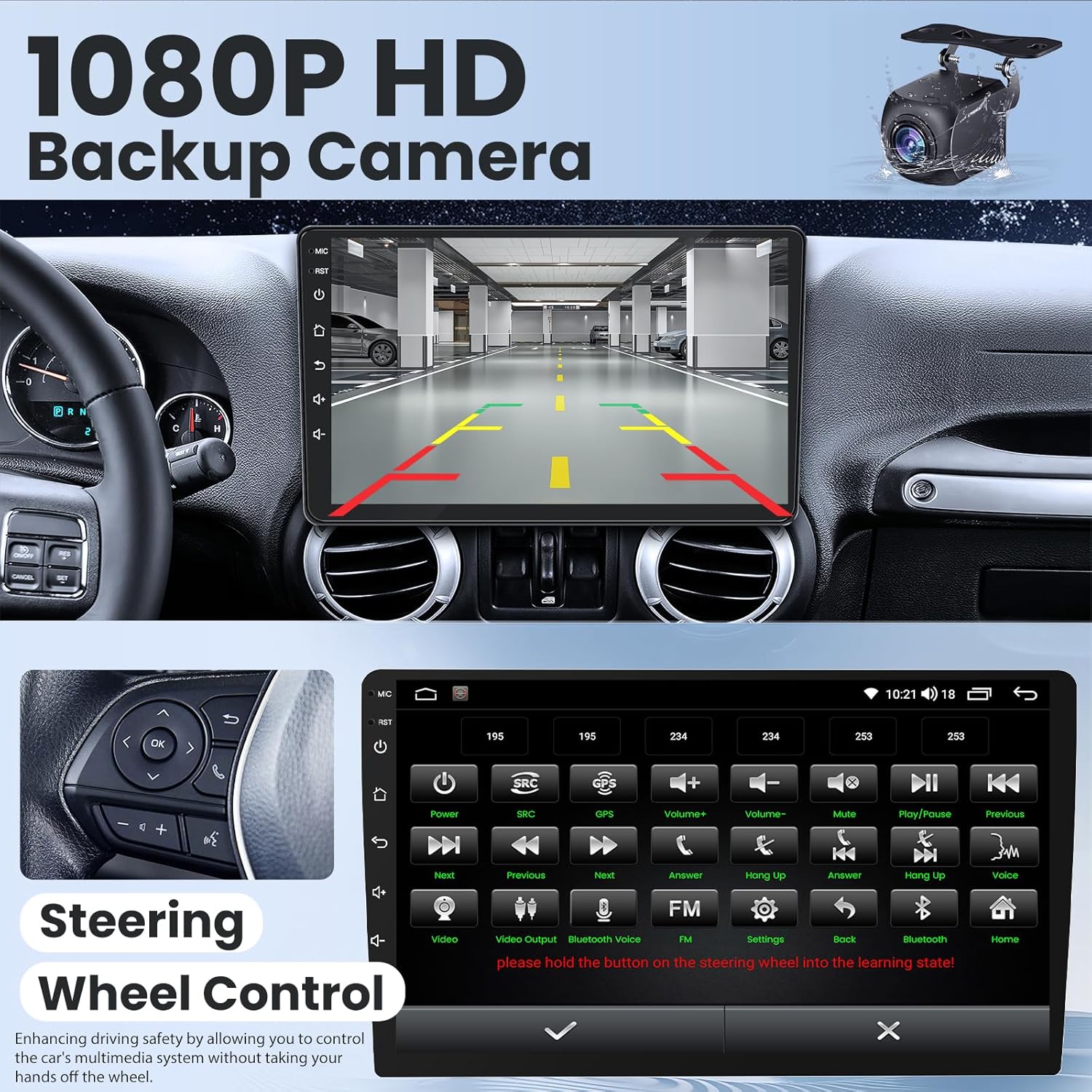 Car stereo screen showing the steering wheel control learning interface, with buttons for various functions