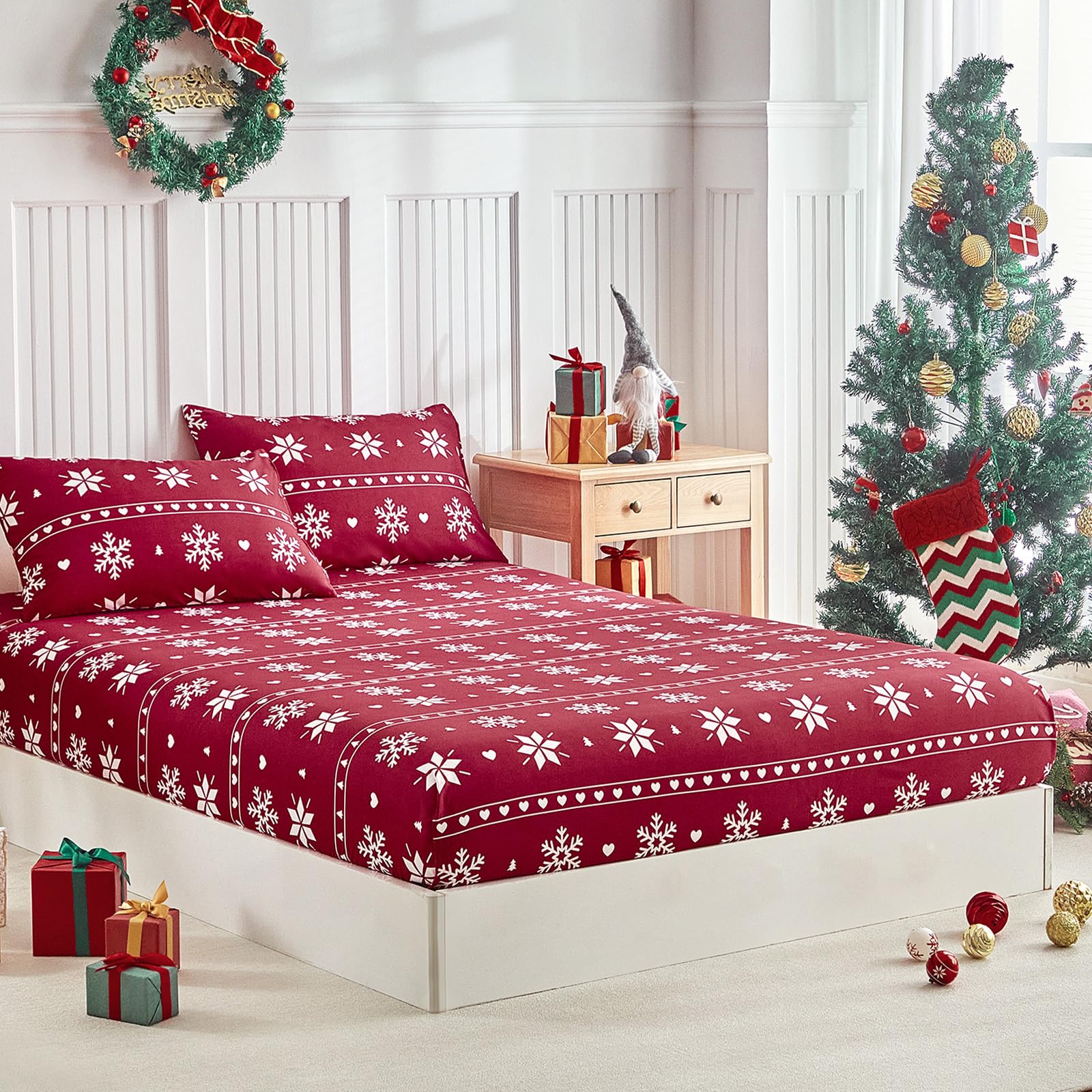 Tokokimo Christmas King Size Fitted Sheets - Snowflake Xmas Tree Print, Red โ image 1