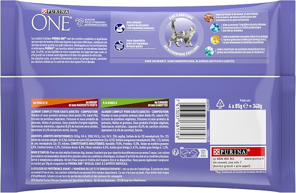 PURINA ONE | BIFENSIS | Chat Adulte à l'appétit difficile | Effilés en Sauce | Stimule l'appétit du Chat, Haute digestibilité| Poulet & Boeuf et Dinde & Canard | Sachet Repas | 4 x 85 g - 3