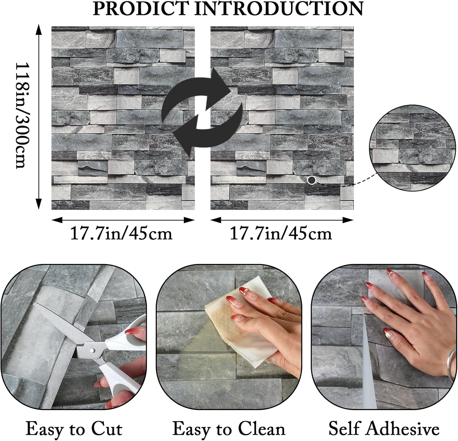 MS magic Brick Wallpaper Peel and Stick Wallpaper 17.7” X 118” Gray Faux 3D Brick Wall Paper Self Adhesive Removable Vintage Textured Contact Paper for Fireplace Kitchen Home Decoration Vinyl