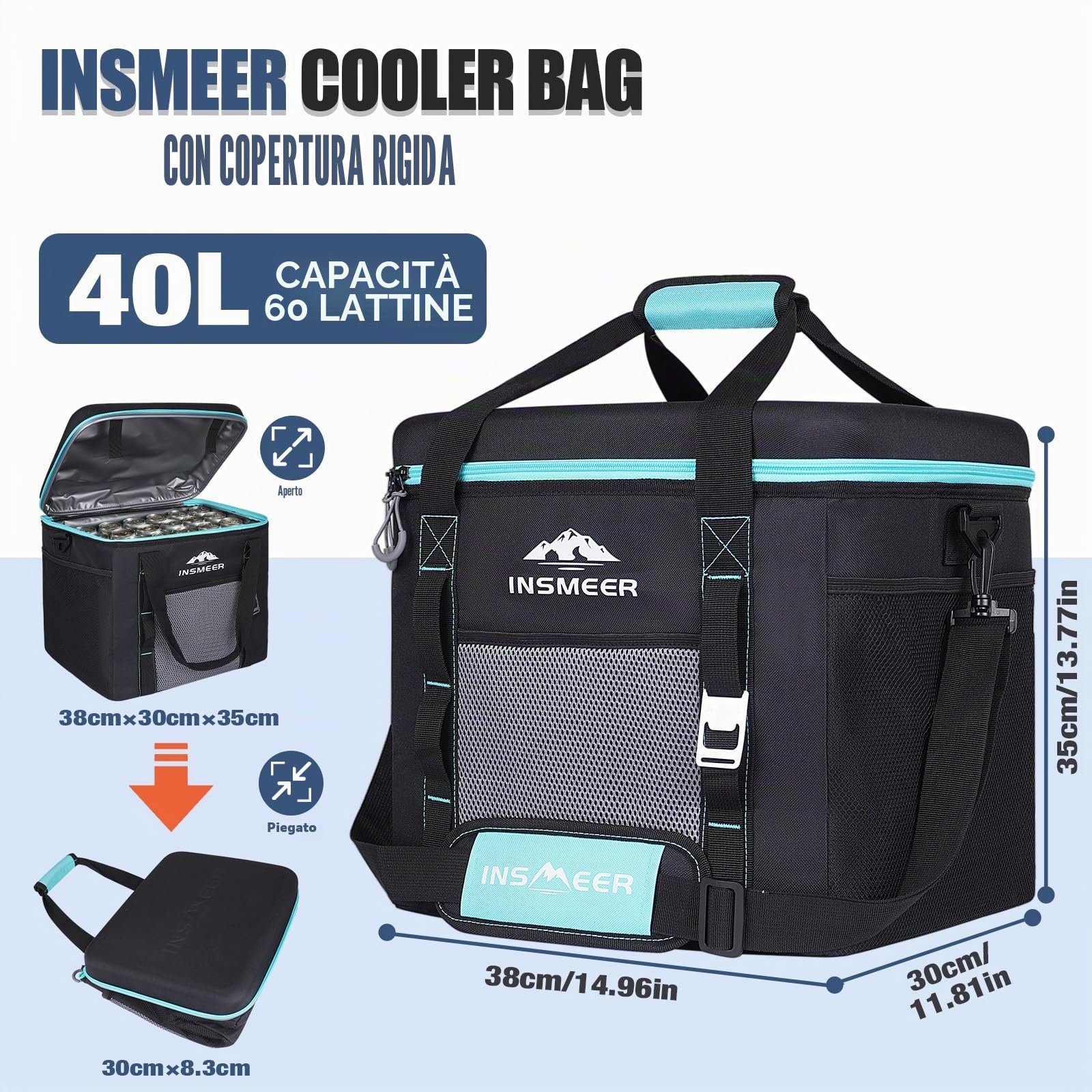 INSMEER Grande borsa frigo da 40 l, 60 lattine, pieghevole, con coperchio rigido in EVA per bevande, borsa termica per bevande, borsa termica per 4 persone, campeggio, spiaggia, viaggi