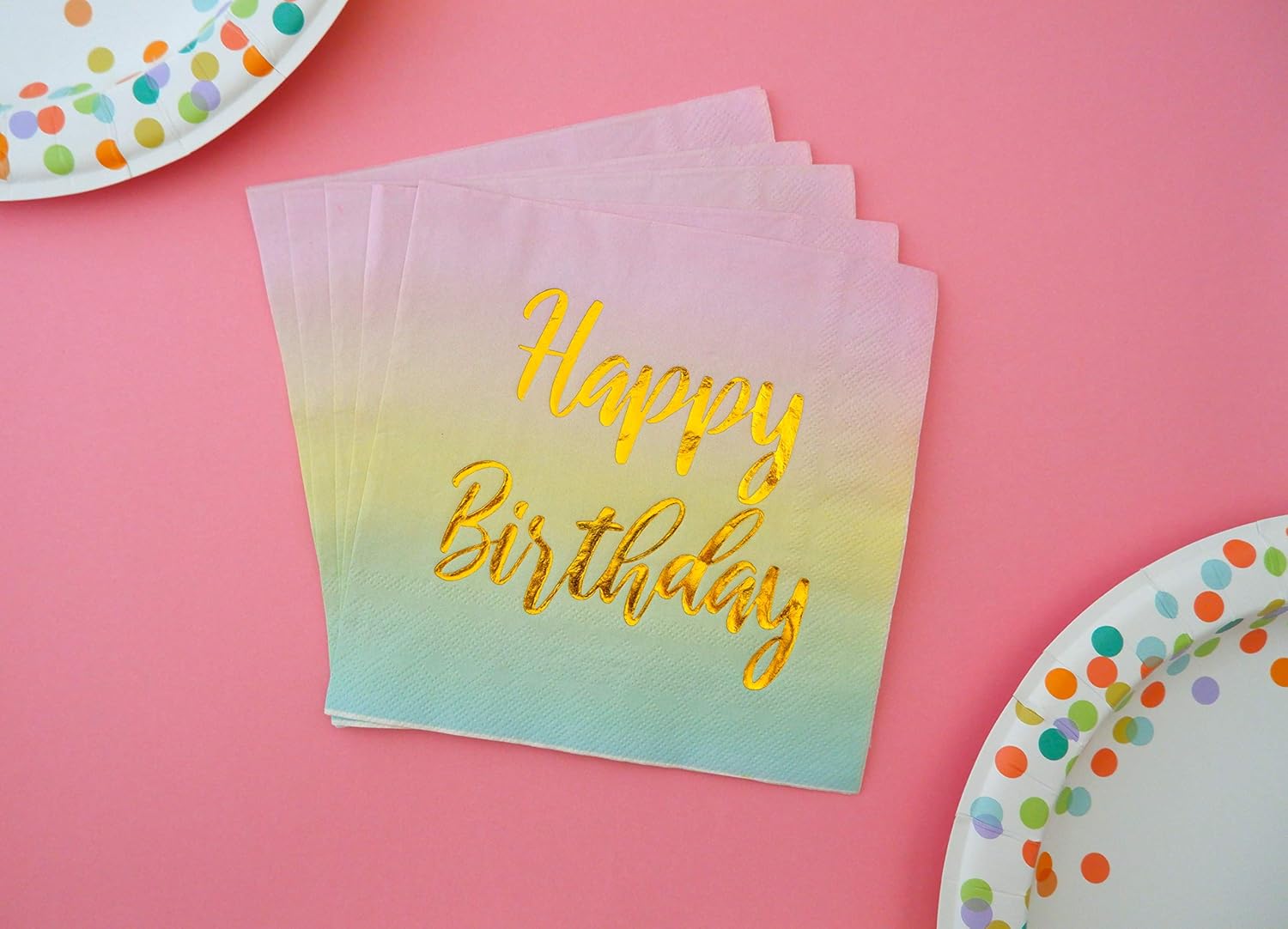 Happy Birthday Napkins - 50 Pack Pastel Metallic Birthday Disposable Paper Napkins with Gold Foil Printing on Pink Yellow Blue Ombre Gradient for Cocktail Party Supplies - 6.5" x 6.5" inches - Image 5