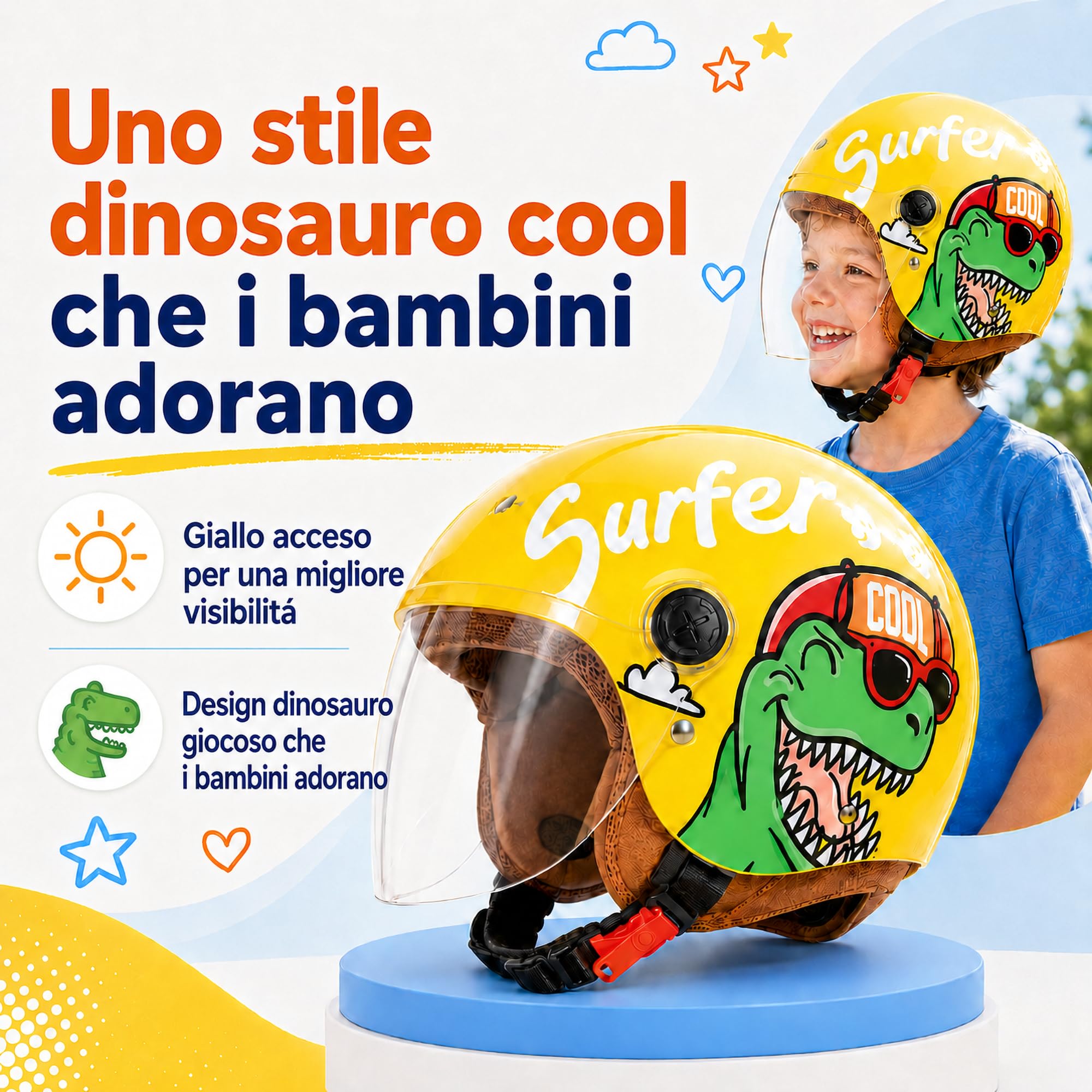 FREEUP Casco moto bambino, Casco jet con visiera per Ragazzo E Ragazza, DOT/Certificazione ECE, chiusura rapida, smontabile, lavabile, 48-55cm
