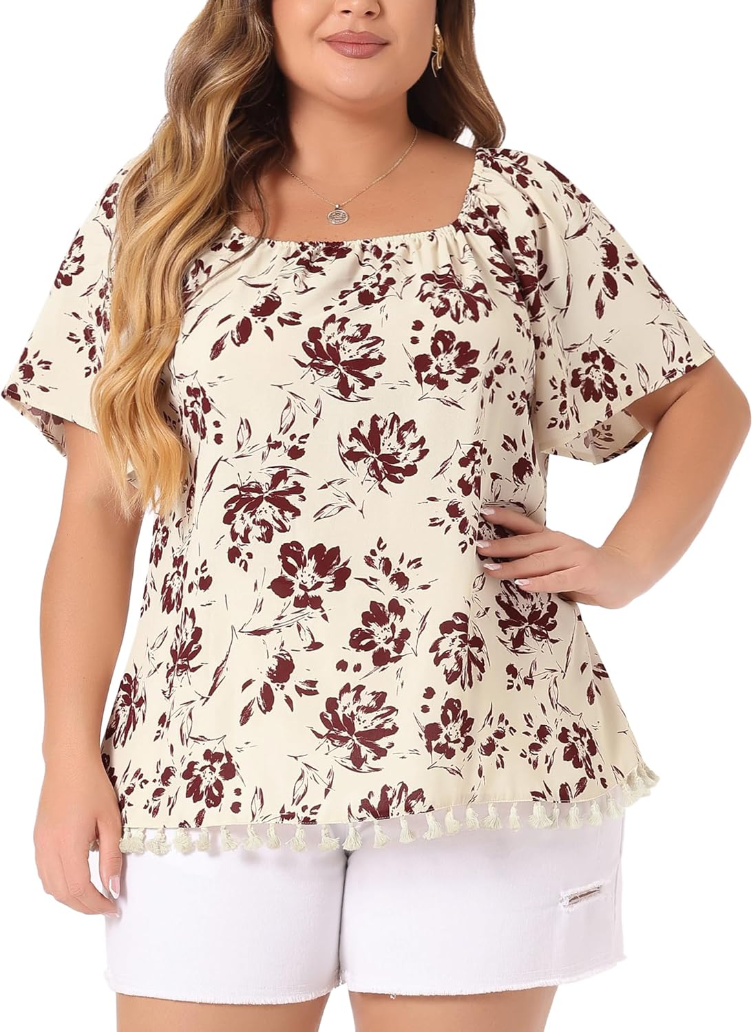 (Beige- 4X) Agnes Orinda Plus Size Women's Blouses Square Neck Floral Tassel Hem Short Sleeves Boho Tops Summer 2023 4X Beige