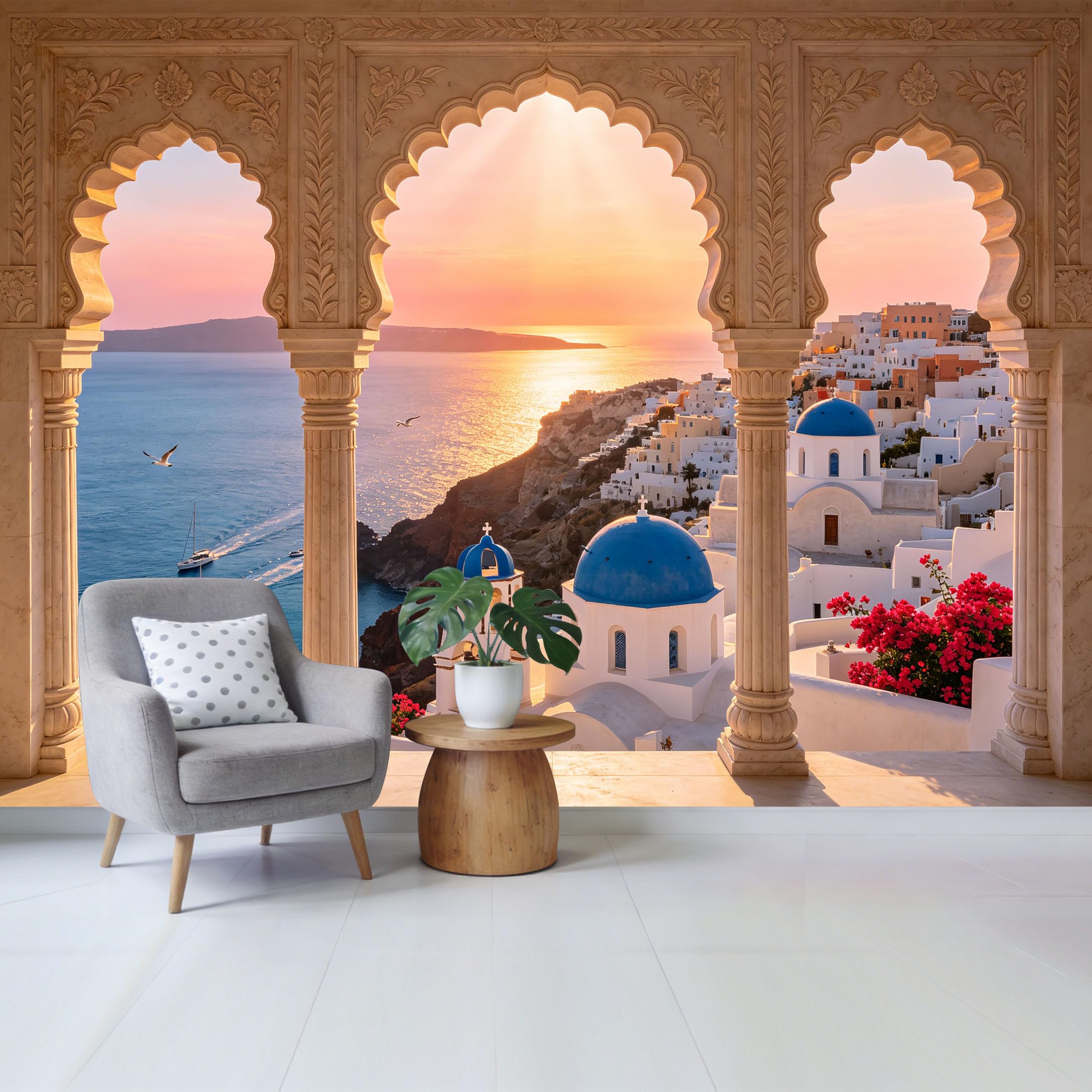 Custom Size Wall Mural Coastal Sunset Ocean View Mediterranean Architecture Blue Dome Landscape Removable Self Adhesive Fabric Home Wall Decor for Living Room Bedroom Bathroom