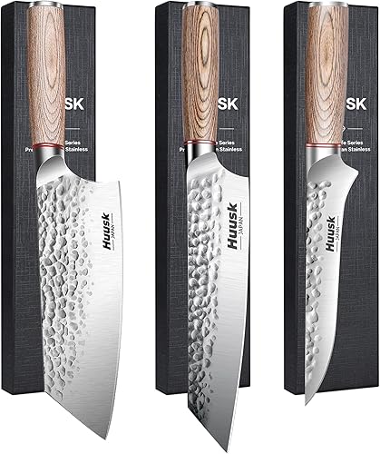 Huusk Cuchillo japonés, cuchillo de cocina profesional, cuchillo de carne Santoku Kiritsuke y cuchillo para deshuesar con mango ergonómico de madera