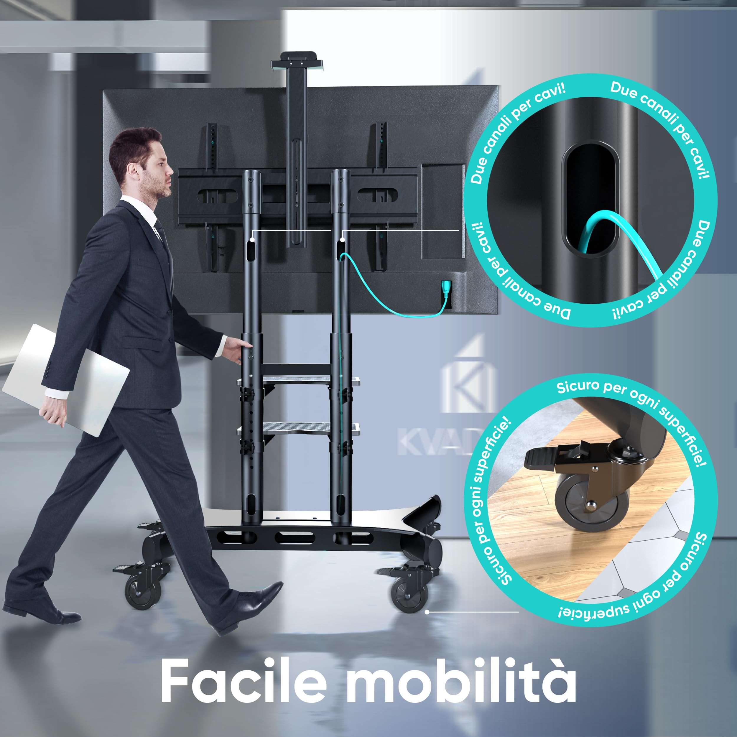 ONKRON Supporto TV da Pavimento 50-86 pollici, Carico Totale fino a 105,9 kg, VESA 200x200-800x500 mm, Carrello Porta TV con Ruote, Porta Televisore da Terra, Mobile, con Ripiani, Nero TS1881-B