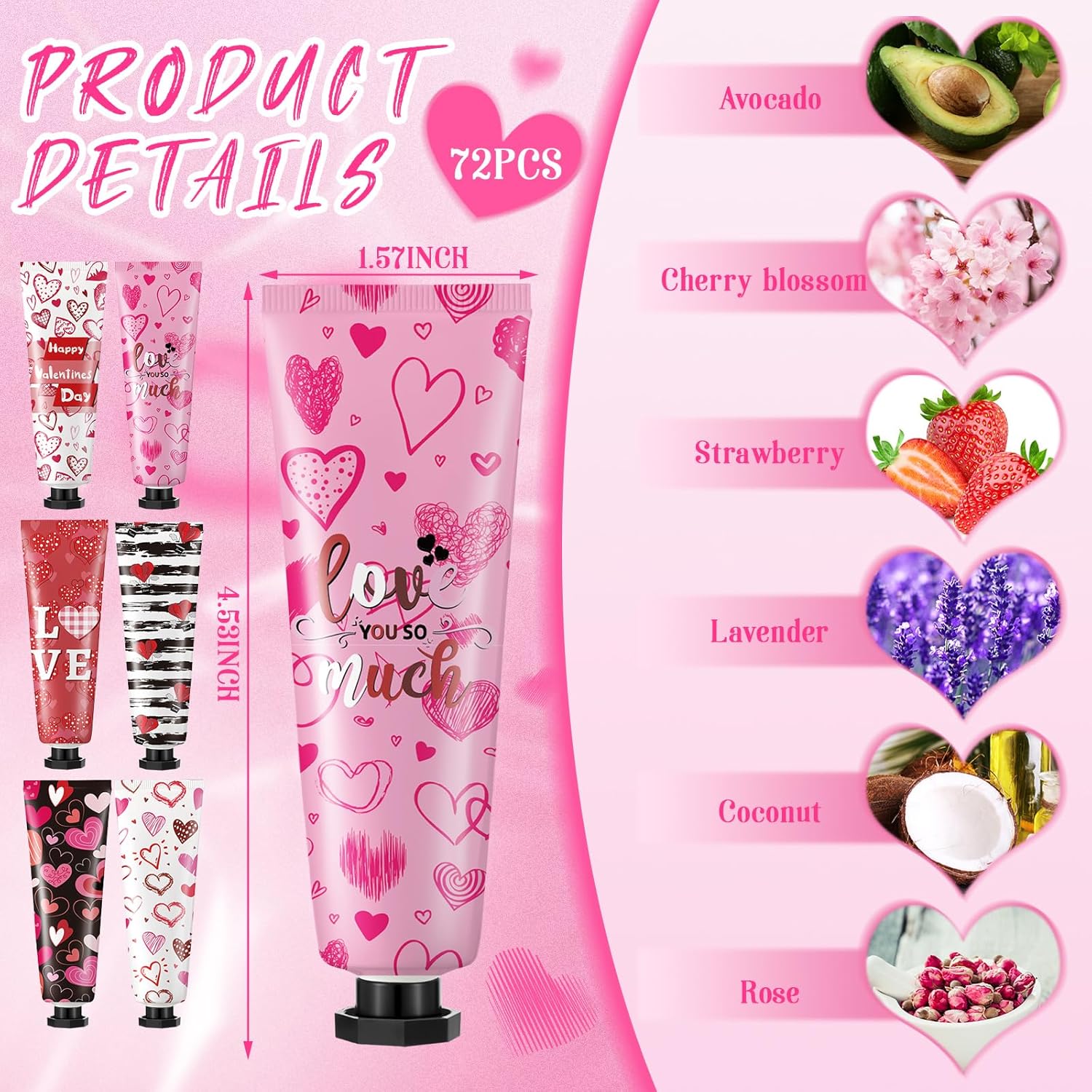 72 Pcs Valentine's Day Hand Cream Gift Bulk Valentine Gift Basket Stuffers Love Heart Moisturizing Galentine's Hand Lotion Bulk Small Dry Cracked Care Cream for Women Friends Seniors Clients, 30 ml