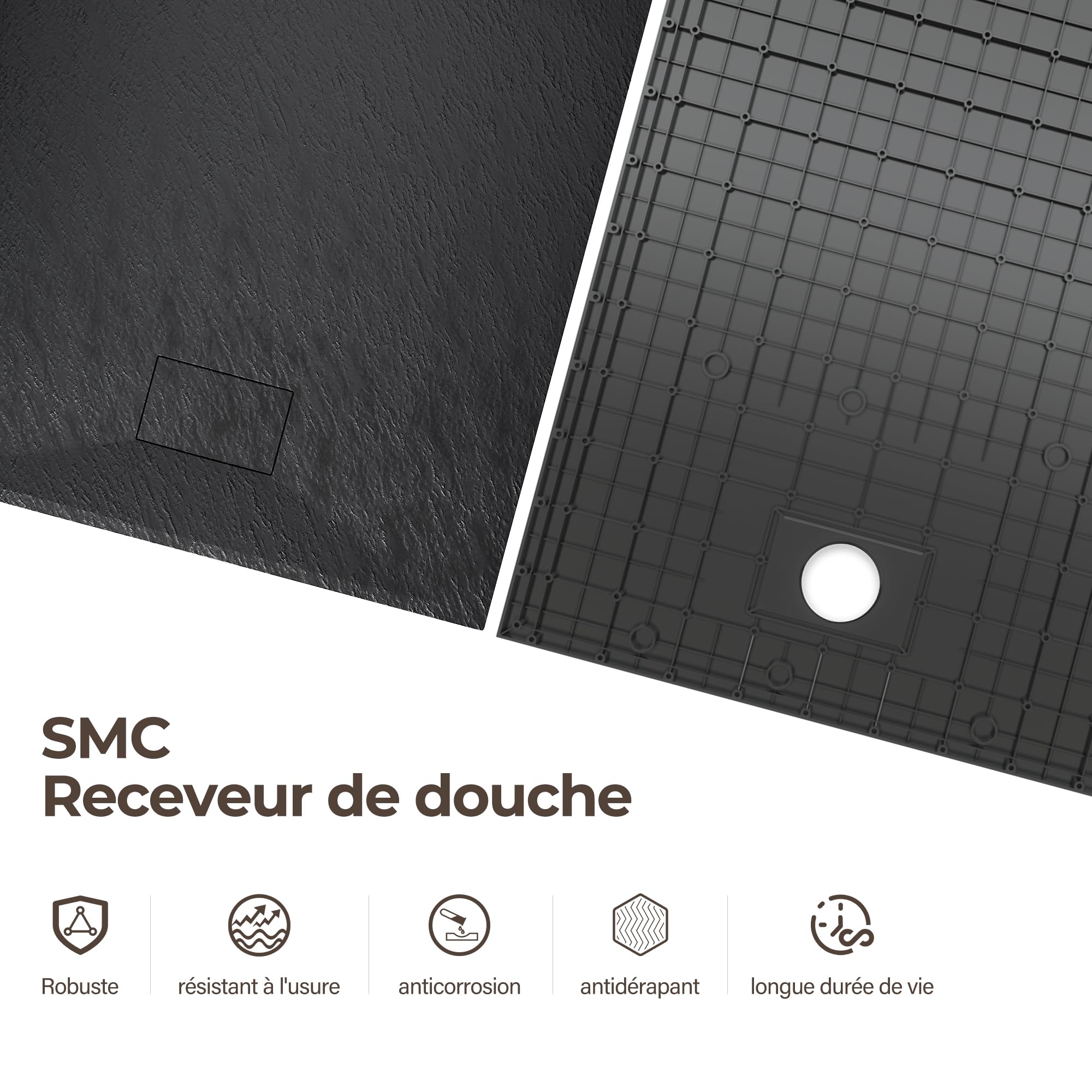 SIRHONA Piatto Doccia, 160 x 90 cm, Vassoio Doccia Antiscivolo, Rettangolo Nero, Materiale in Resina SMC, con sifone