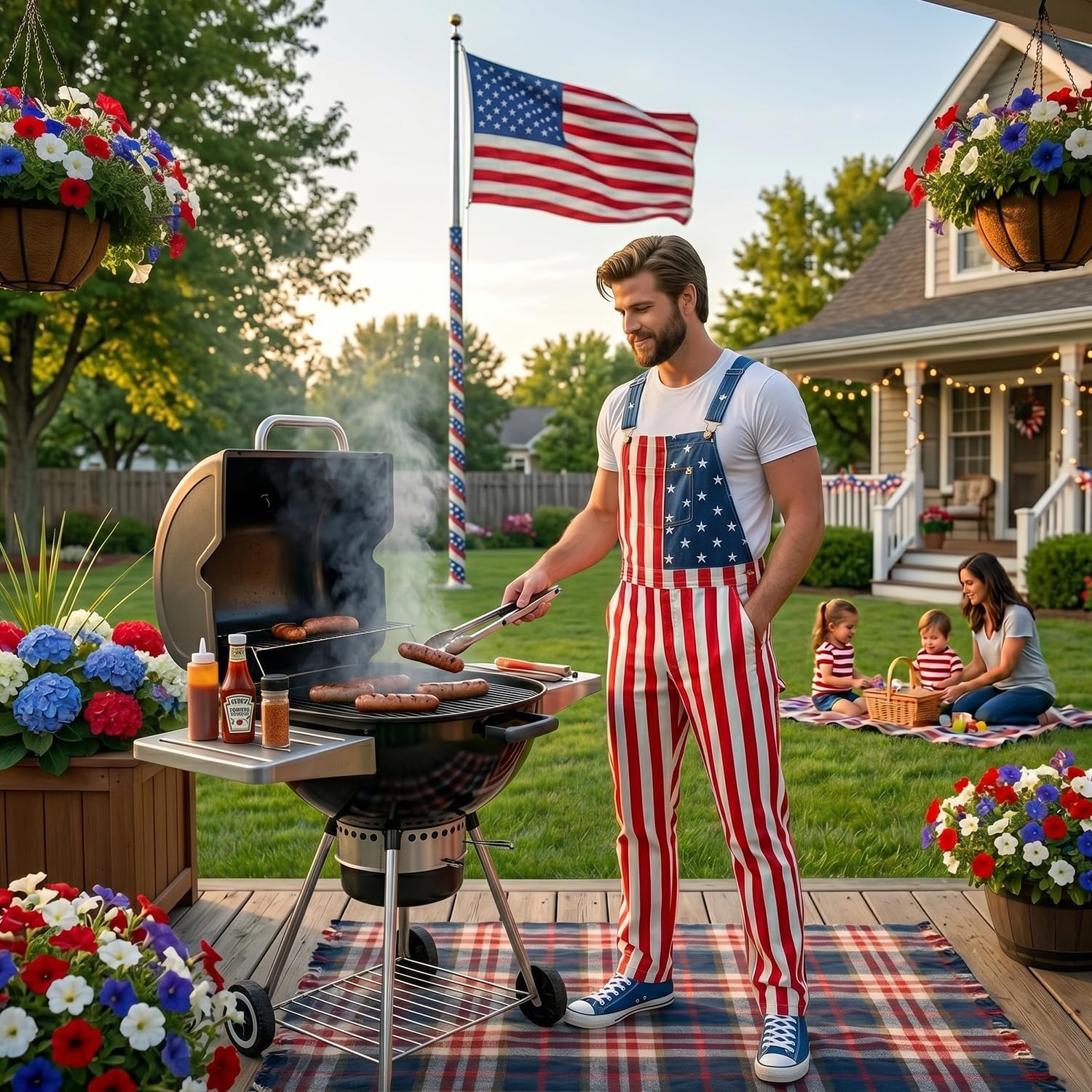 Okbebe Men 4th of July Overalls Adults American Flag Outfit Jumpsuit USA Festival Shorts