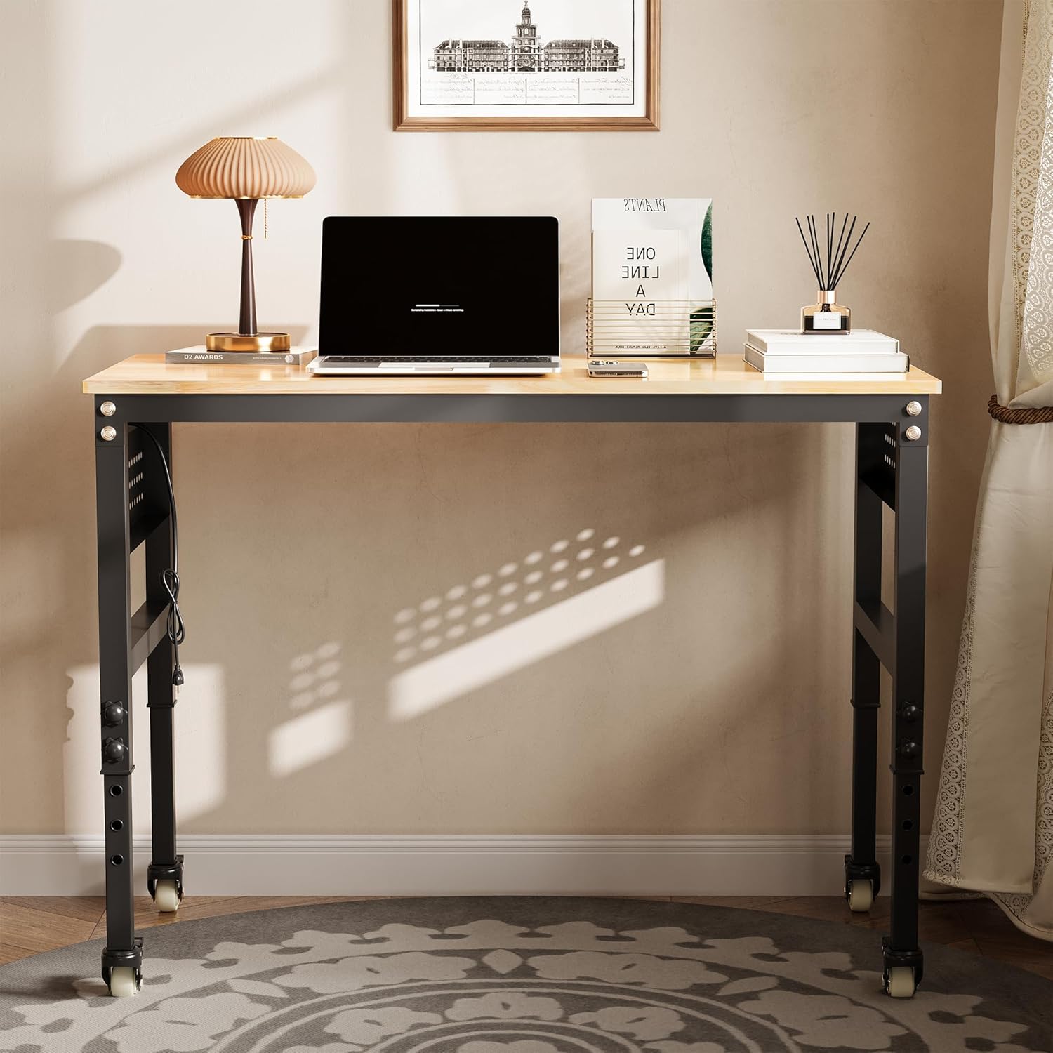 48" Adjustable Heavy Duty Workbench with Power Outlets & Pegboard, 2000 LBS Capacity Rubber Wood Top Work Table for Garage, Workshop, Home & Commercial