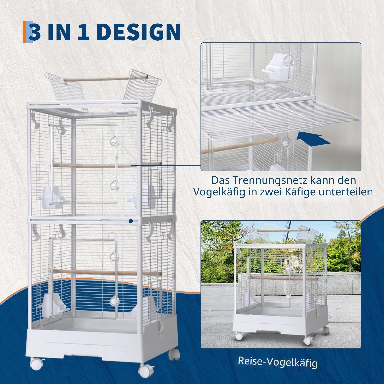 Groß Vogelvoliere 100x46x46cm, 2 Etagen Abnehmbar Vogelkäfig, Rollen Vogelkäfig Metall Vogelvoliere mit Abnehmbarem Tablett, Futtertrögen, Leicht zu Reinigendem Außenvoliere Zuchtkäfig, Weiß