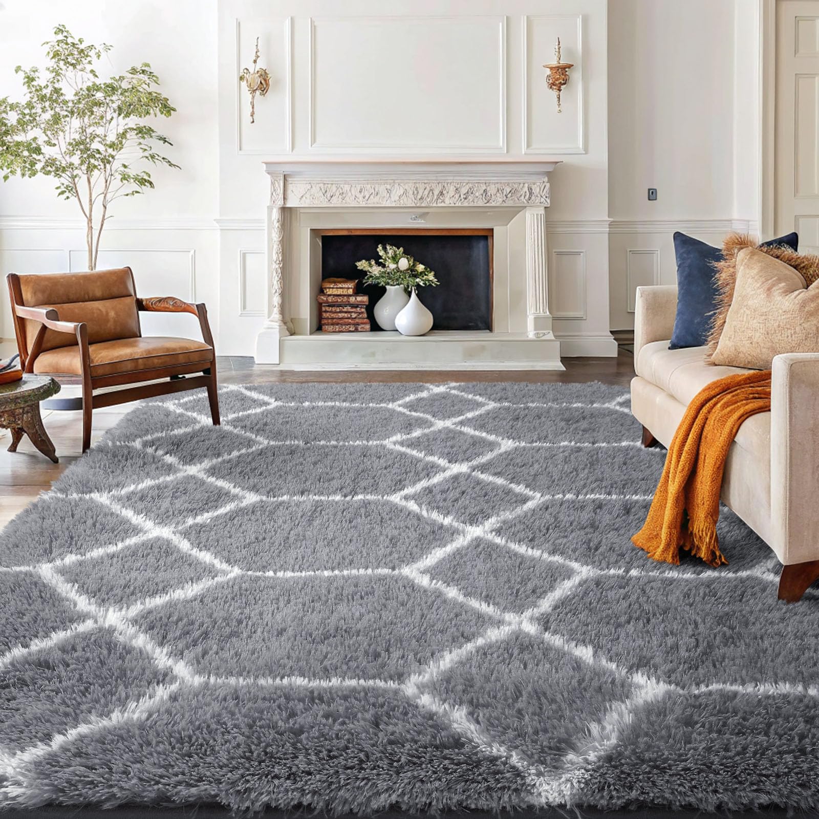 Homaxy Fluffy Shaggy Rugs Living Room, 120 x 160 cm, Grey & White — image 1