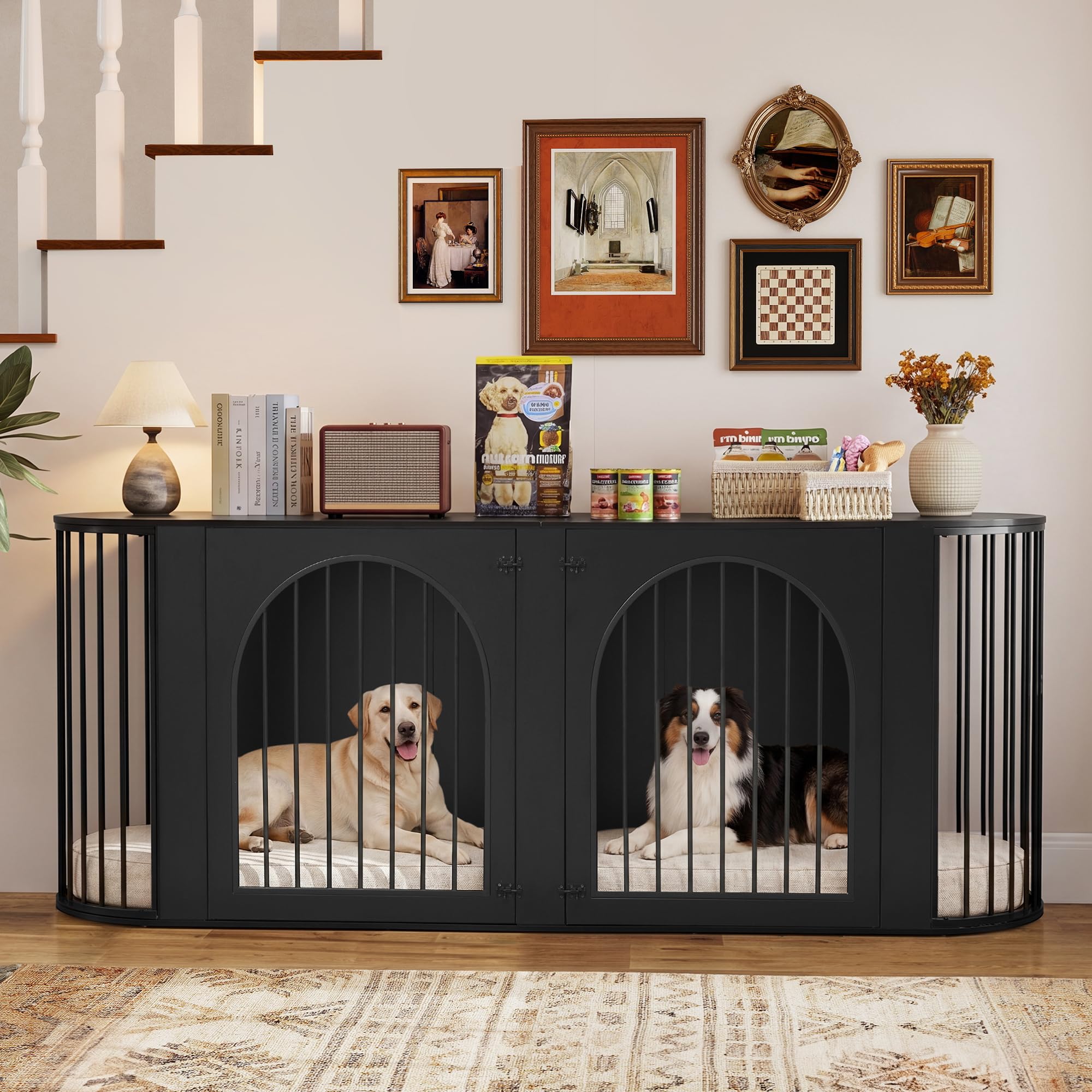 86.6'' Double Dog Crate Furniture, Oval Dog Kennel Furniture with Divider
