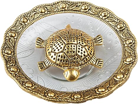Wonder Care | Feng Shui Tortoise Statue Within Glass Plate Sculpted in Great Detail in Ivory Antique Finish - Idol for Car | Home Decor | Gift | Turtle Plate 5"