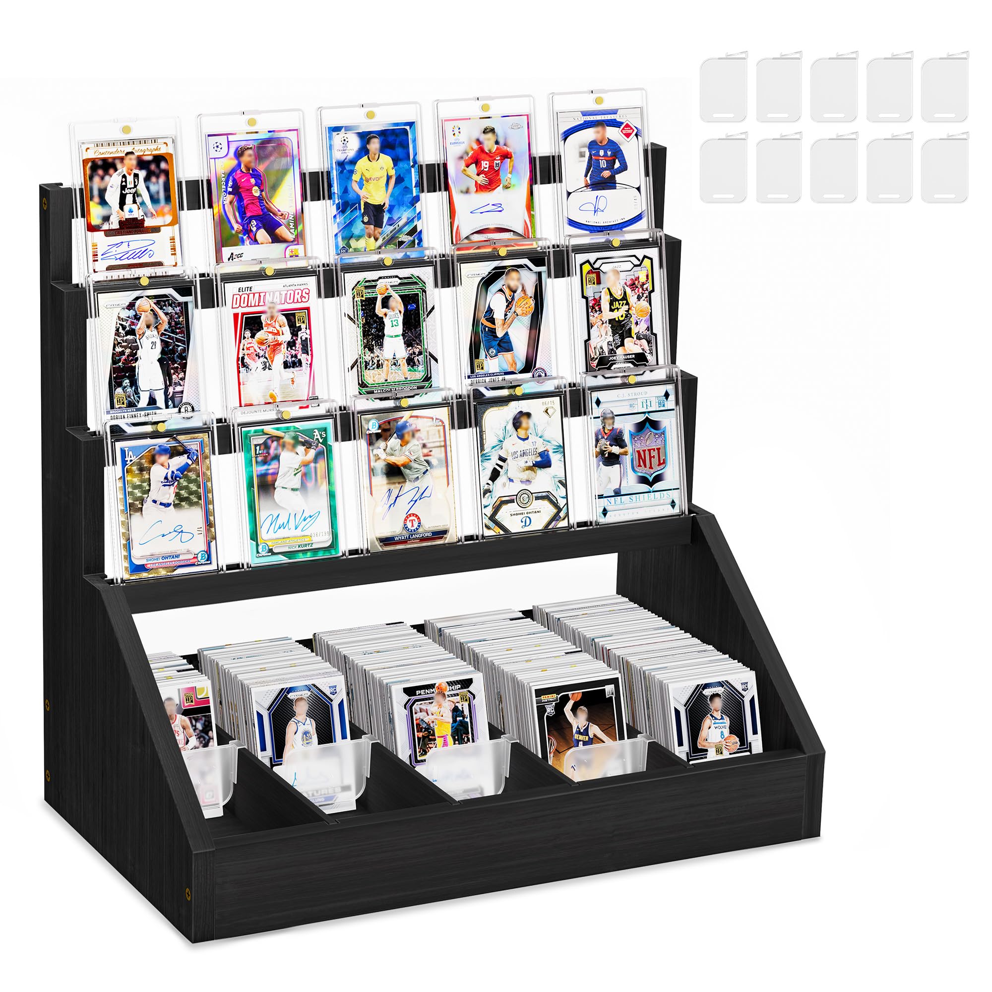 Espositore per carte da collezione a 4 ripiani, in legno, per carte sportive classificate, carte da baseball, piani da tavolo, per collezioni di carte sportive e mostre (nero)
