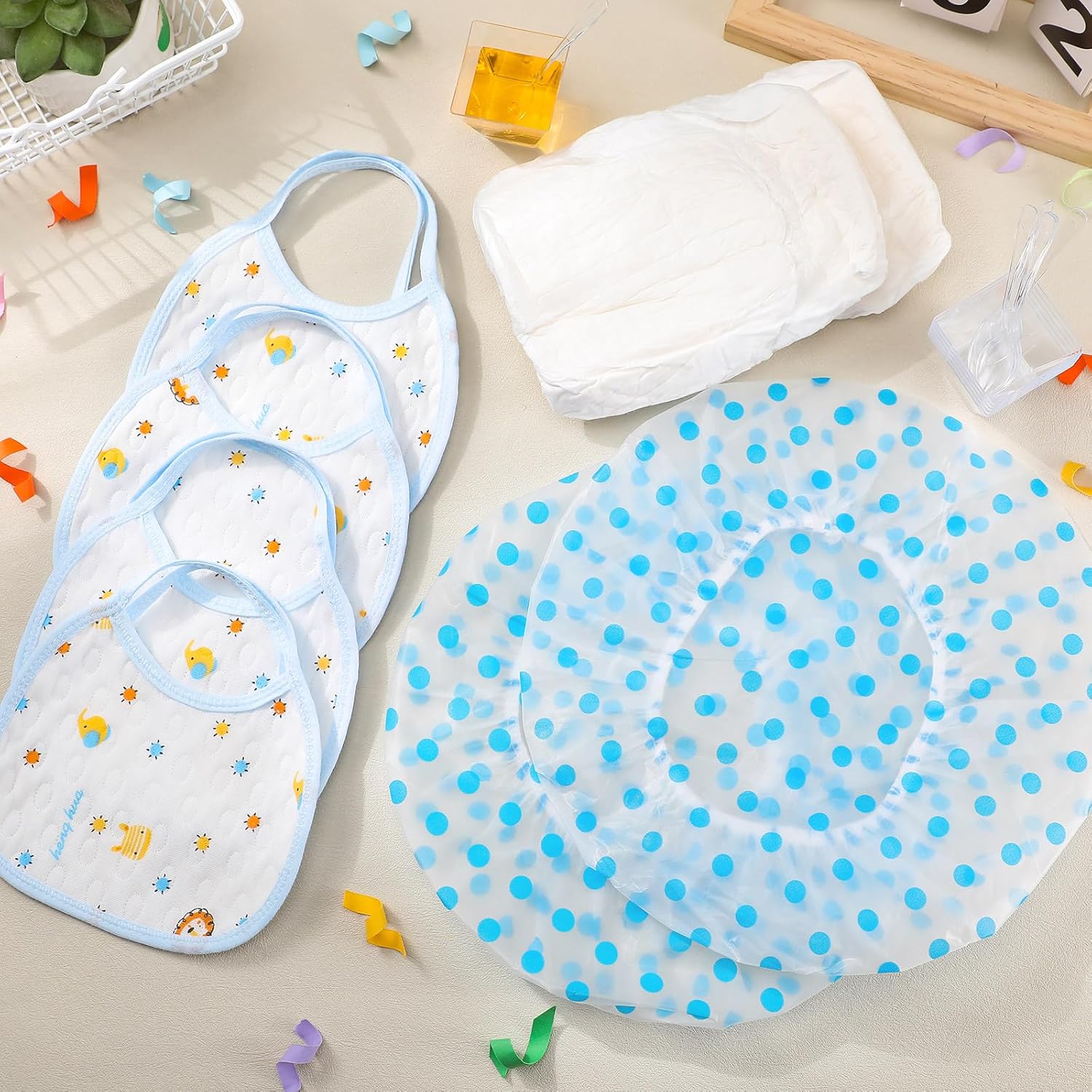 Chicingyou 6 Sets Adult Baby Shower Games Bulk Include Disposable Diapers Shower Caps Bibs and Plastic Cup Spoon for Baby Changing Diaper Race Gender Reveal Game Decoration(Blue,Serene)