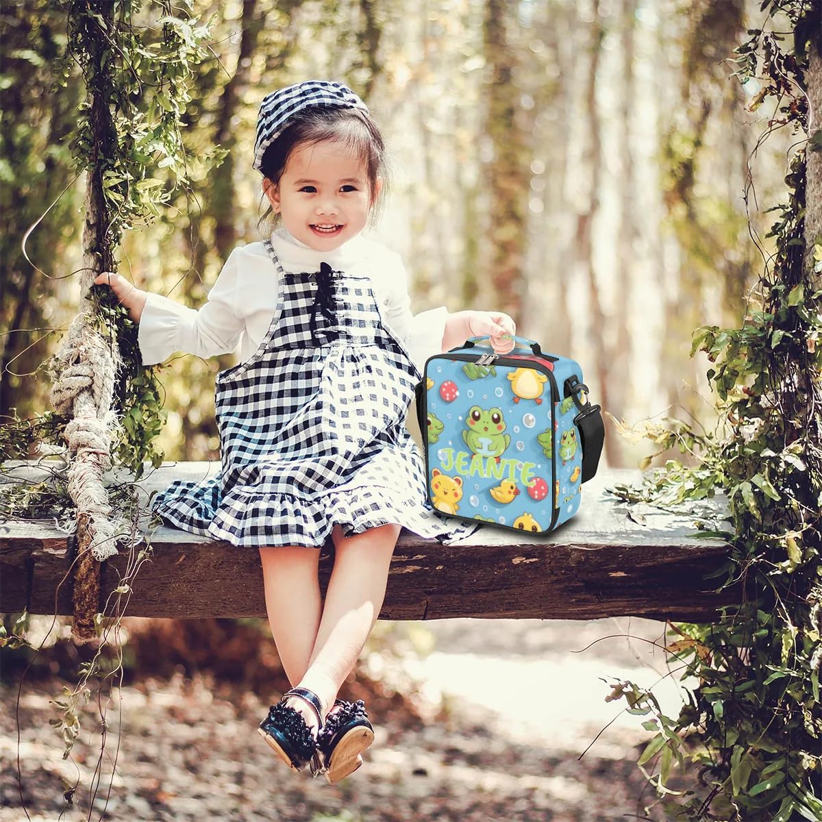 Custom Name Lunch Bag for Cute Animals, Personalized Insulated Cooler Lunch Box, Leakproof Reusable Lunch Tote Bag for Work Office Picnic Travel for Girls Boys Children Pond Frog