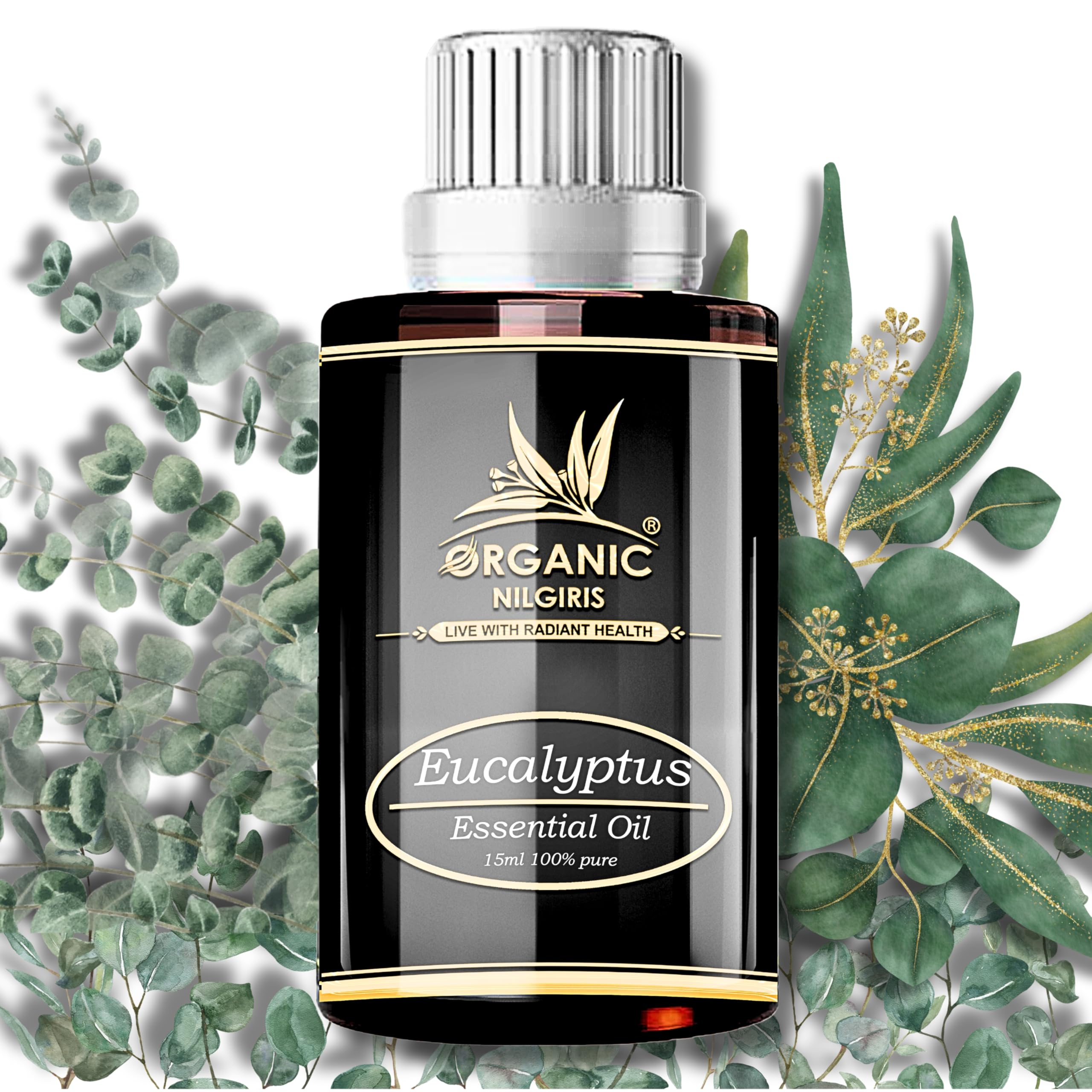 ORGANIC NILGIRIS - Live with Radiant Heath Pure, Cold-Pressed Natural Eucalyptus Oil From The Nilgiri Region: Pure Refreshing Eucalyptus Oil for Comfort and Relaxation Aroma (15Ml-1P)