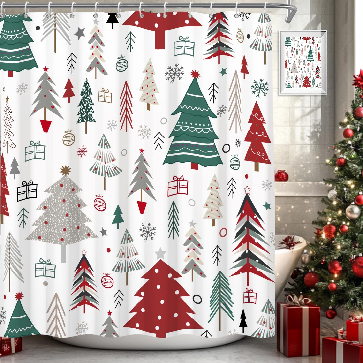 Canessioa Christmas Tree Shower Curtain Christmas Shower Curtains for Bathroom Boho Red Green Grey Geometry Xmas Trees Winter Snowflakes Shower