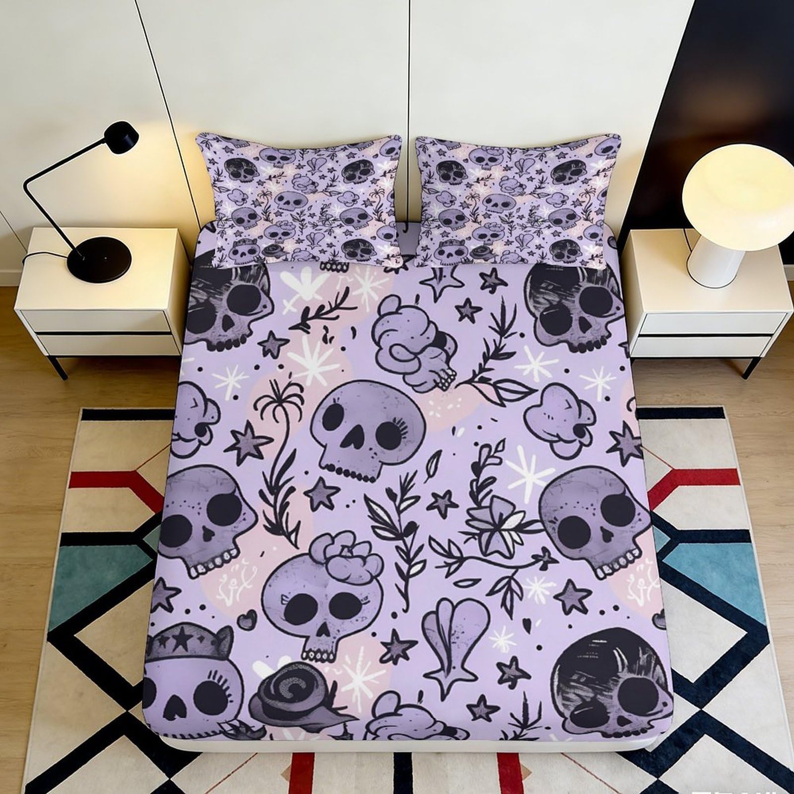 Tjiqhvmrn Style-3 3D Printed Skull Pattern Fitted Sheet Microfiber Deep Pocket Non-Slip Bedroom Bedding Skull Mattress Fitted Cover Washable For Adults Teens 90X200x25cm